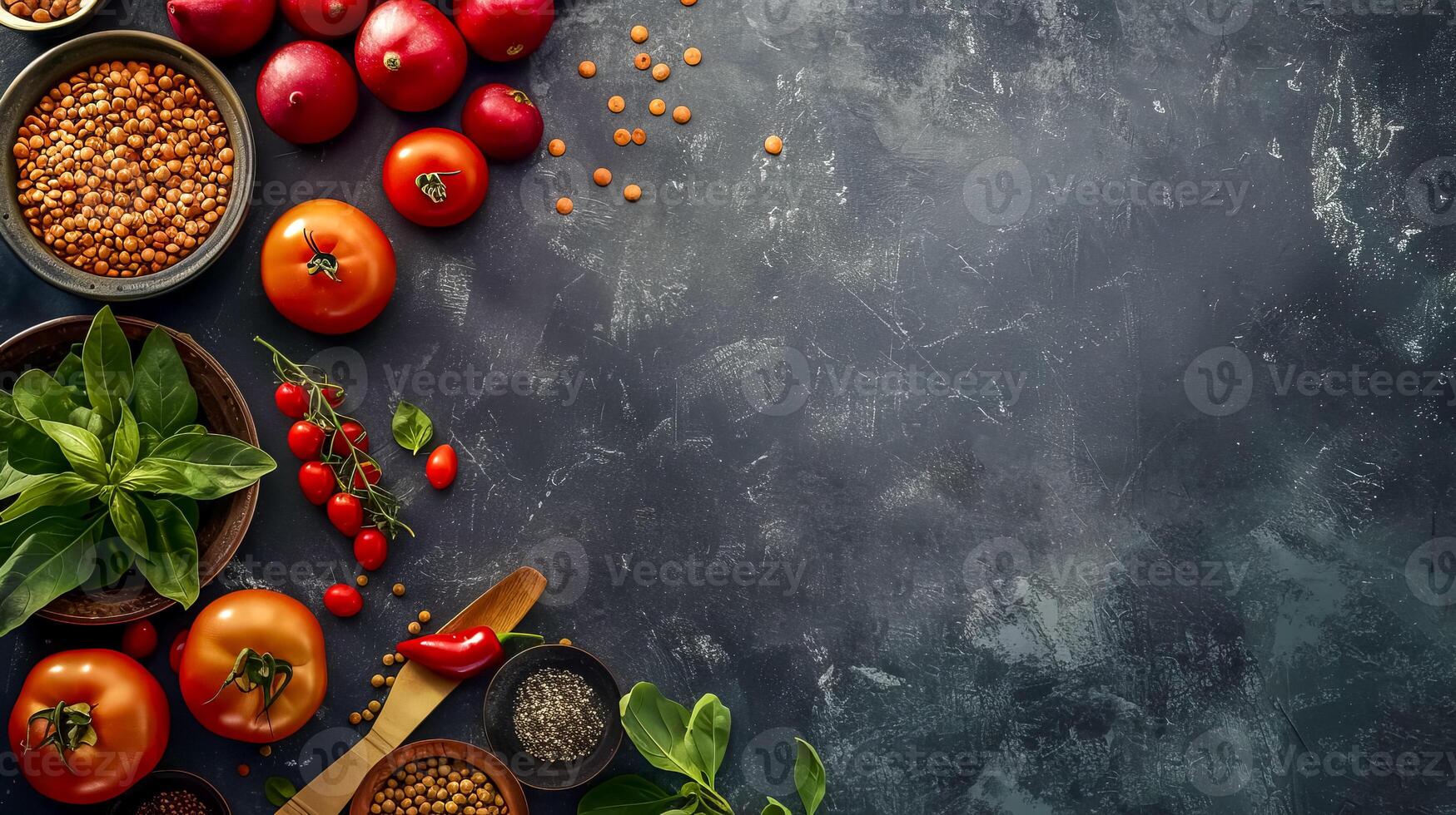 AI Generated Fresh ingredients on dark kitchen table photo