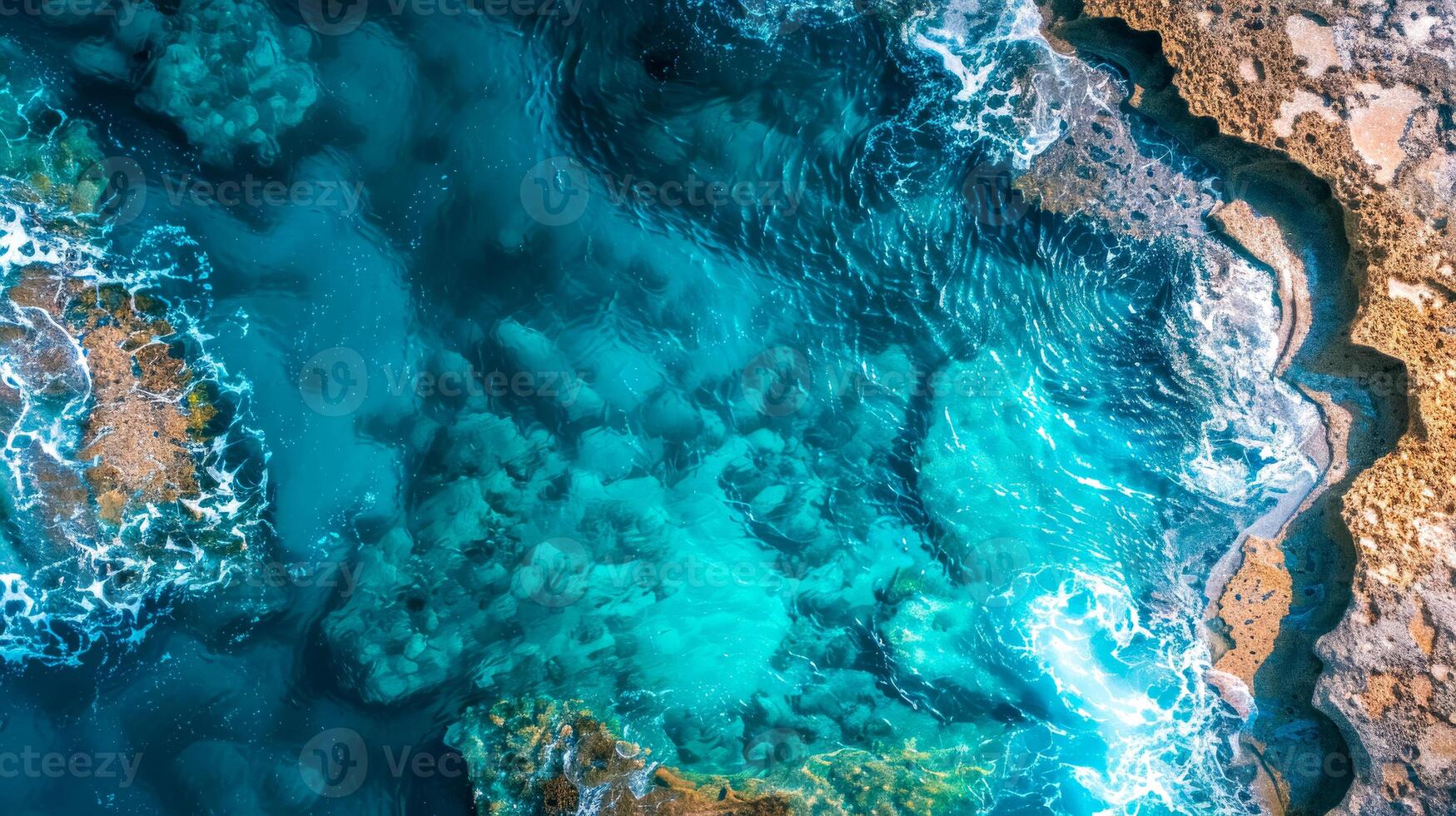 AI Generated Aerial view of turquoise sea waves crashing on rocky shore photo