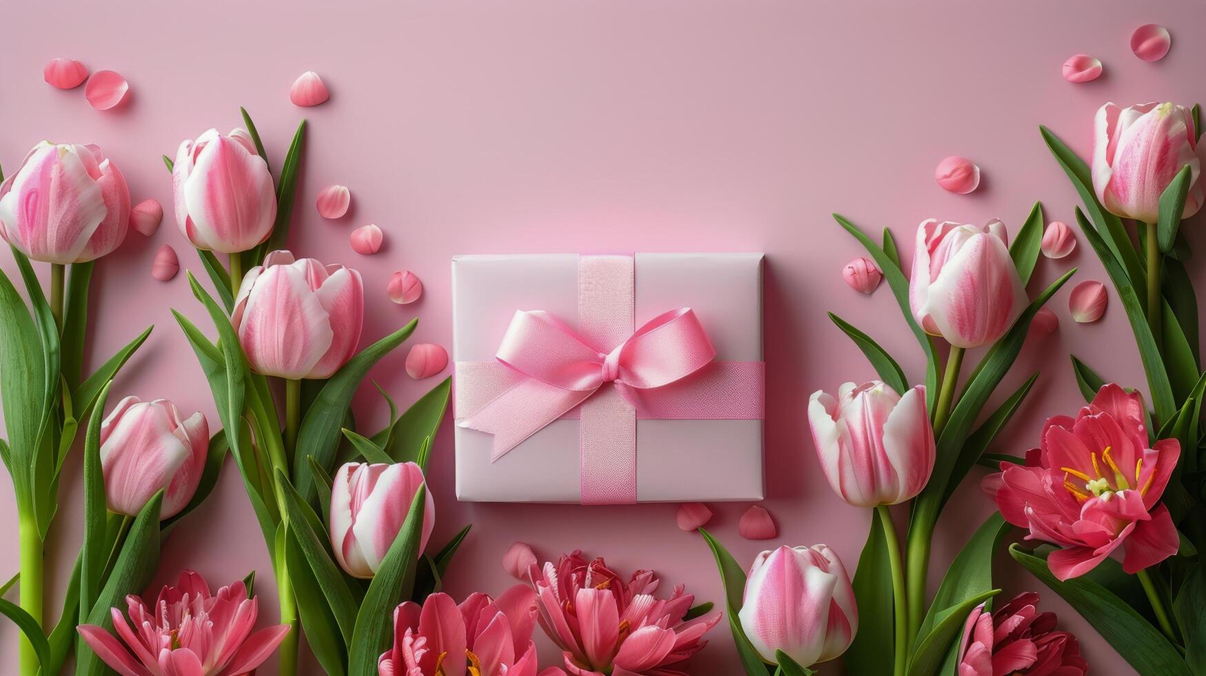 ai generado rosado arco regalo caja con tulipanes foto