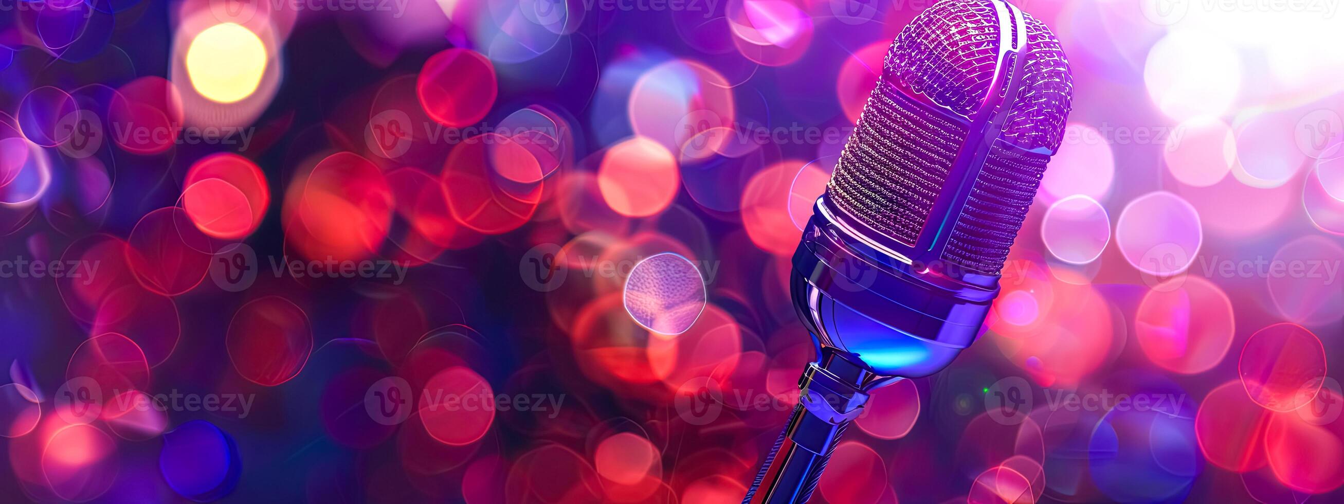 AI Generated Dazzling microphone on stage with bokeh lights photo