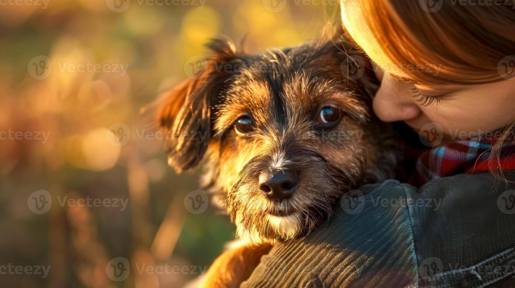 AI Generated Tender embrace between woman and dog at sunset photo