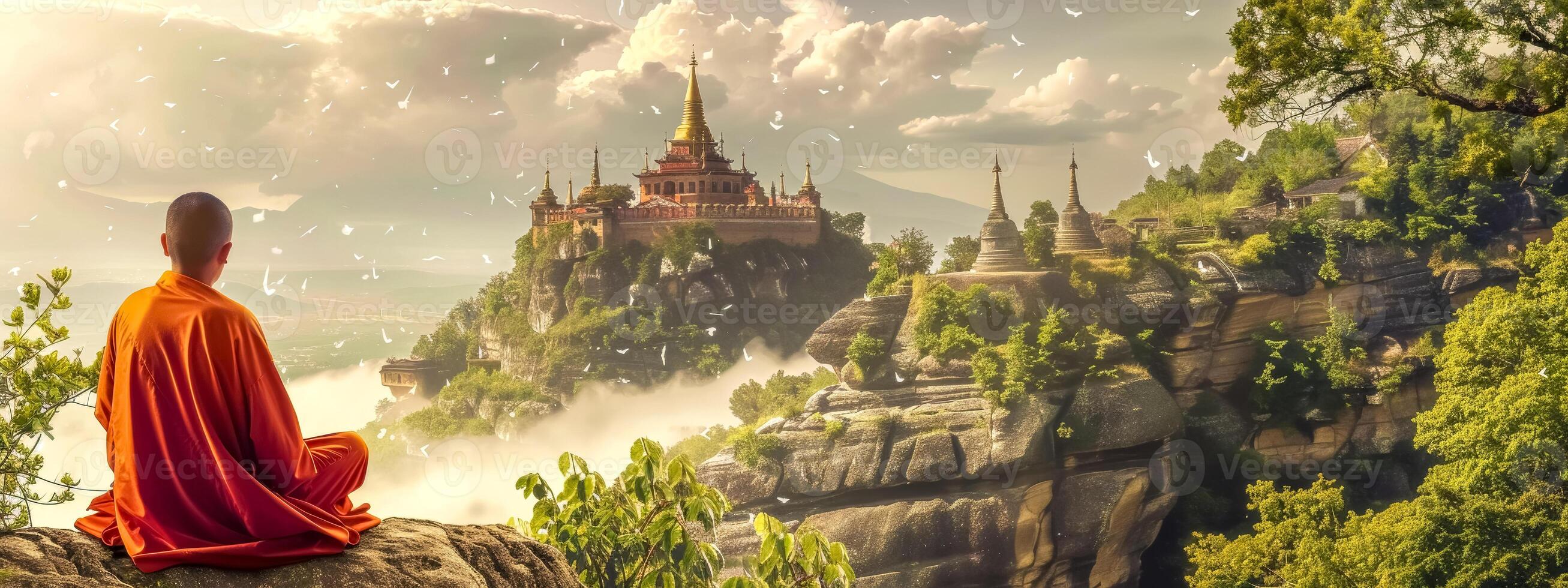 AI Generated Serene meditation on mountain overlooking ancient temples photo