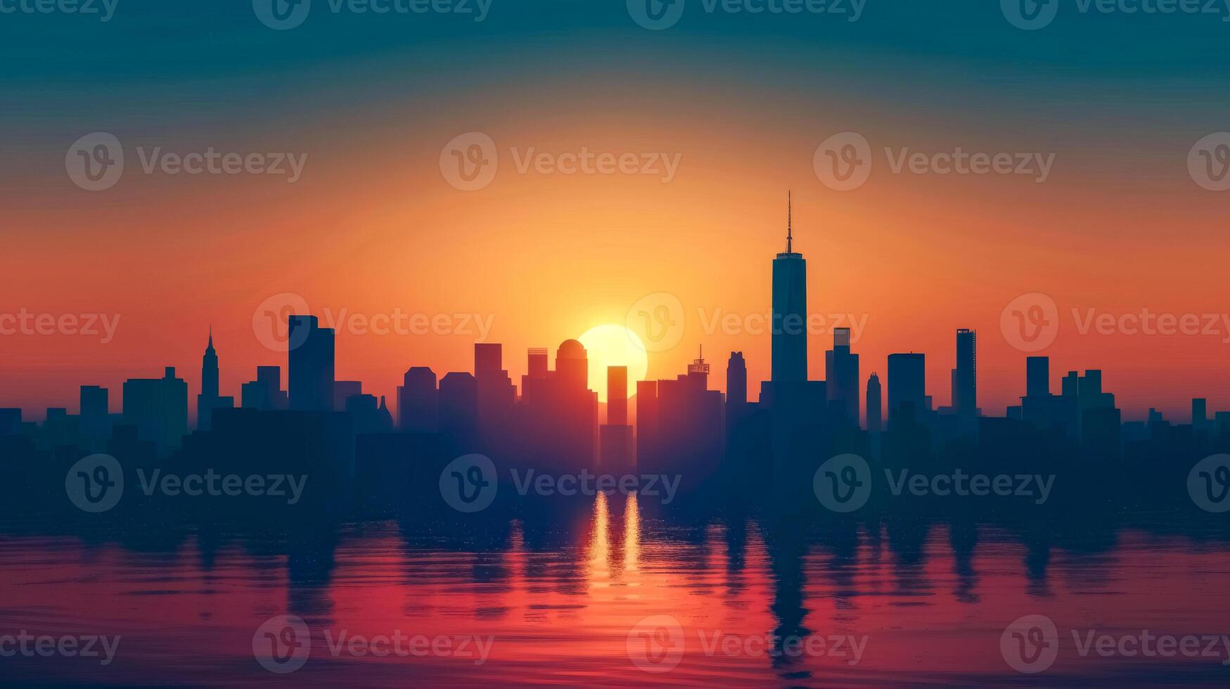 AI Generated City skyline silhouetted against a vibrant sunrise, with reflections on the water photo