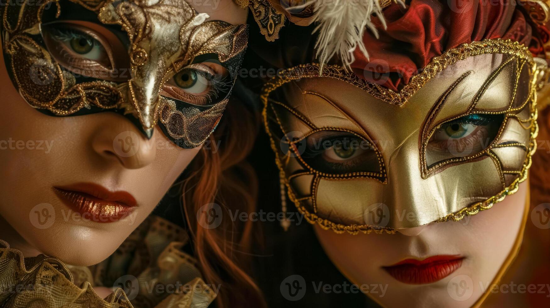 AI Generated Close-up of two people in ornate masks at a masquerade ball photo