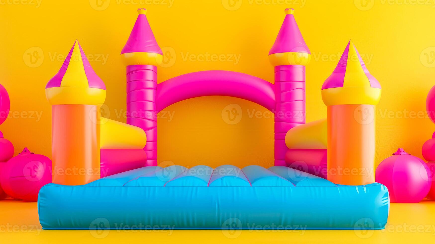AI Generated Colorful inflatable castle on yellow background photo