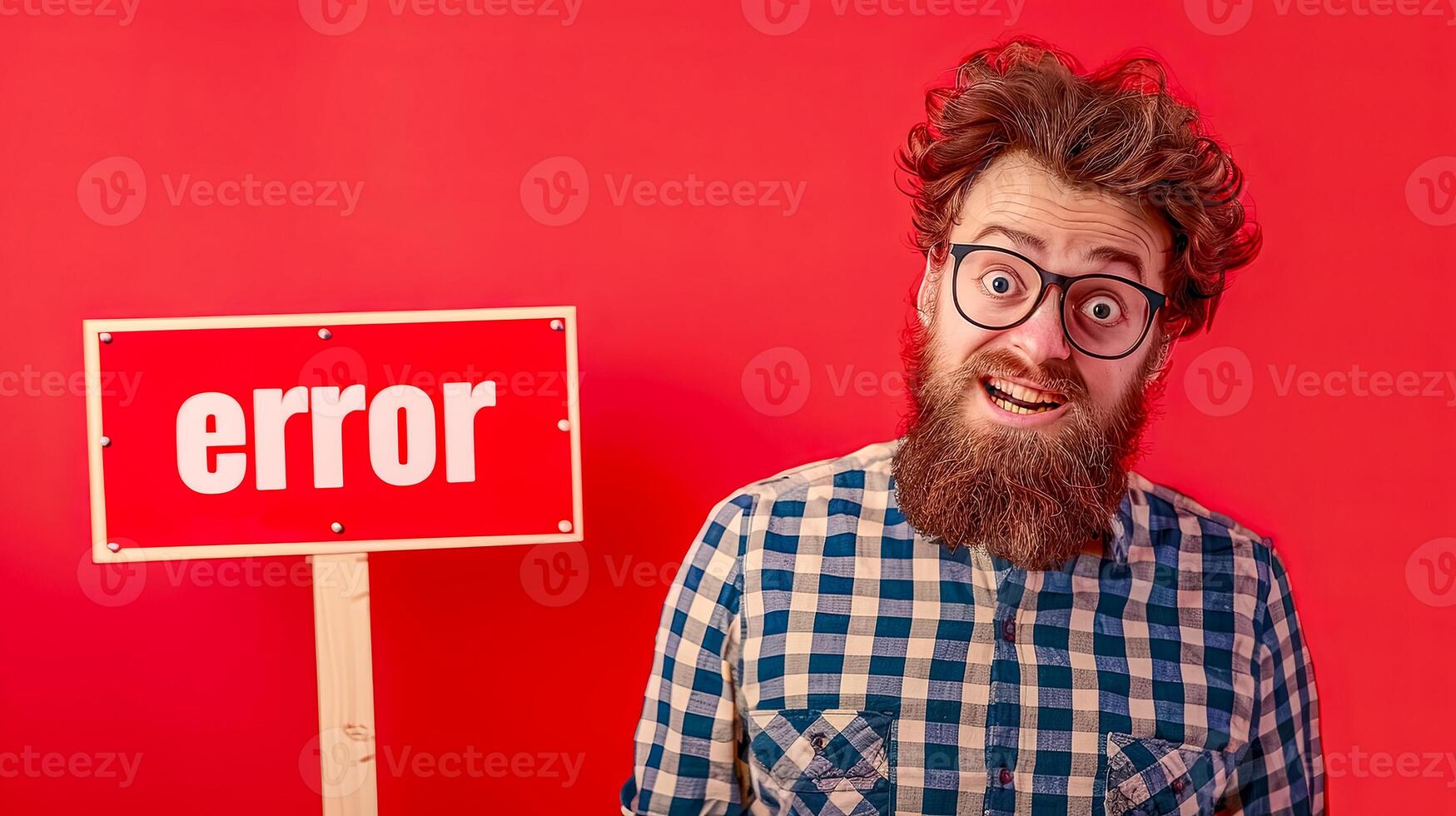 AI Generated Bewildered man with error sign on red background photo