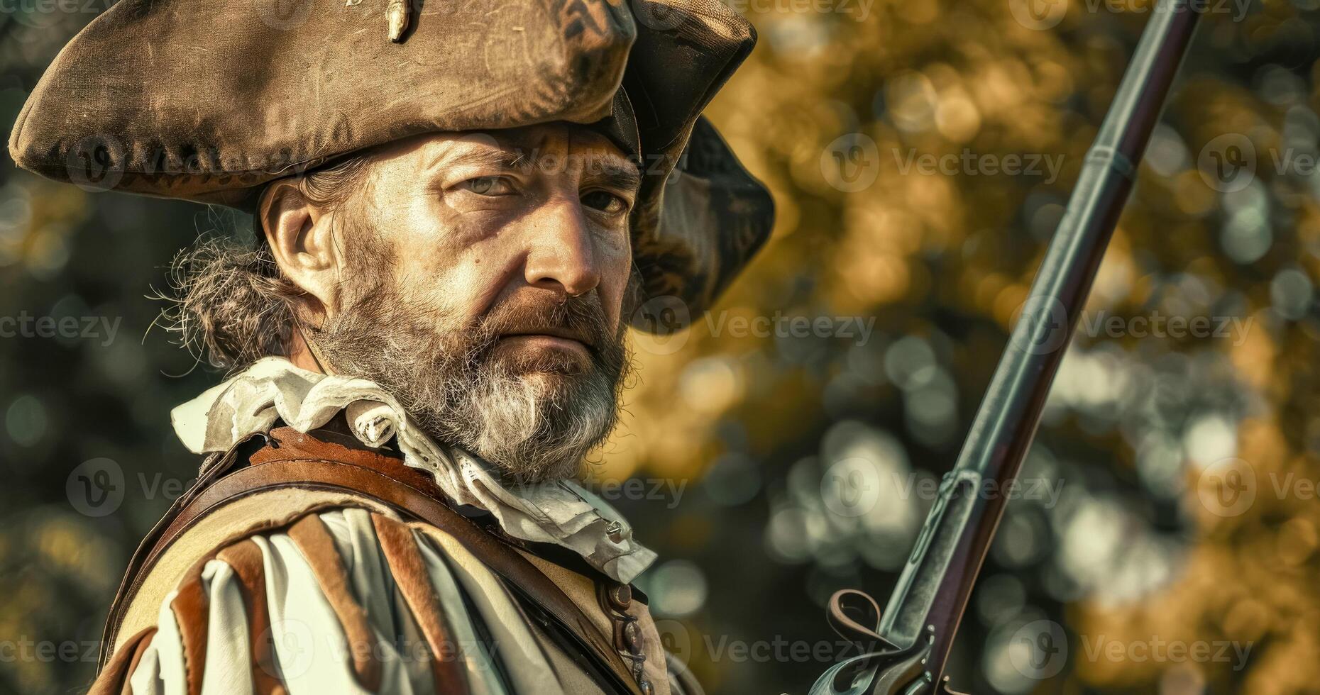 AI Generated Portrait of a man dressed as a traditional pirate with musket photo