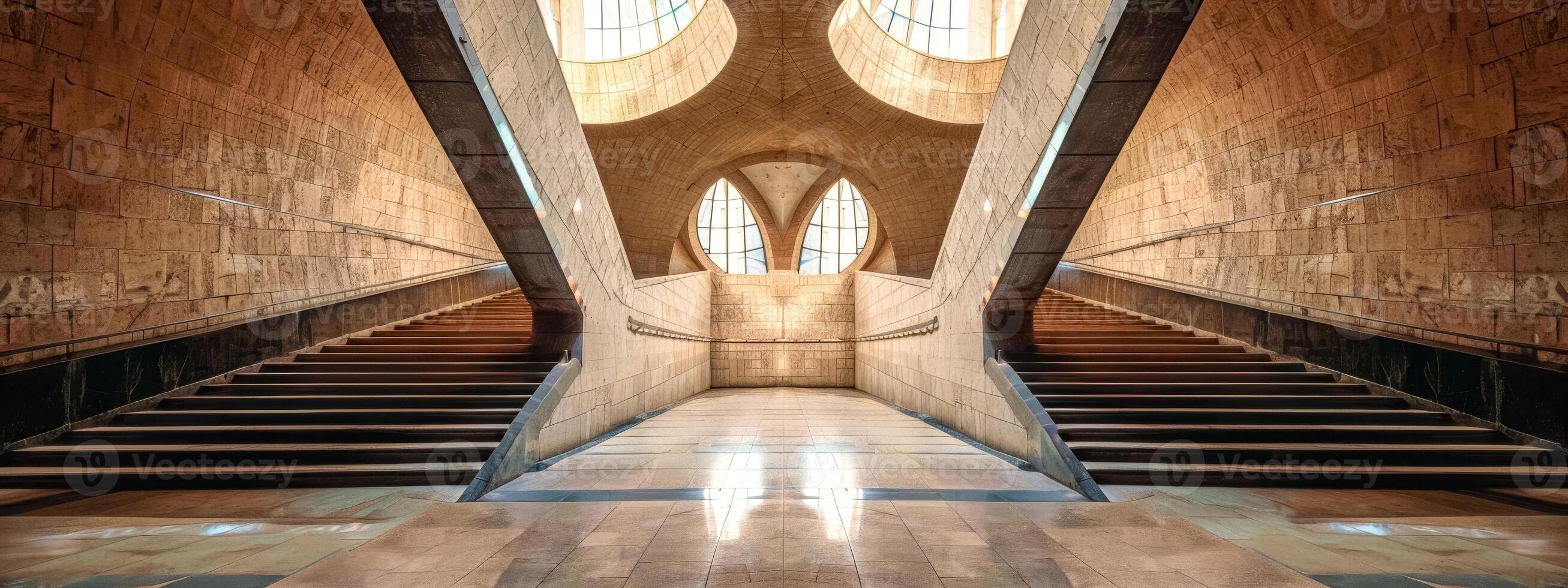 AI Generated Symmetrical grand staircase in modern building photo