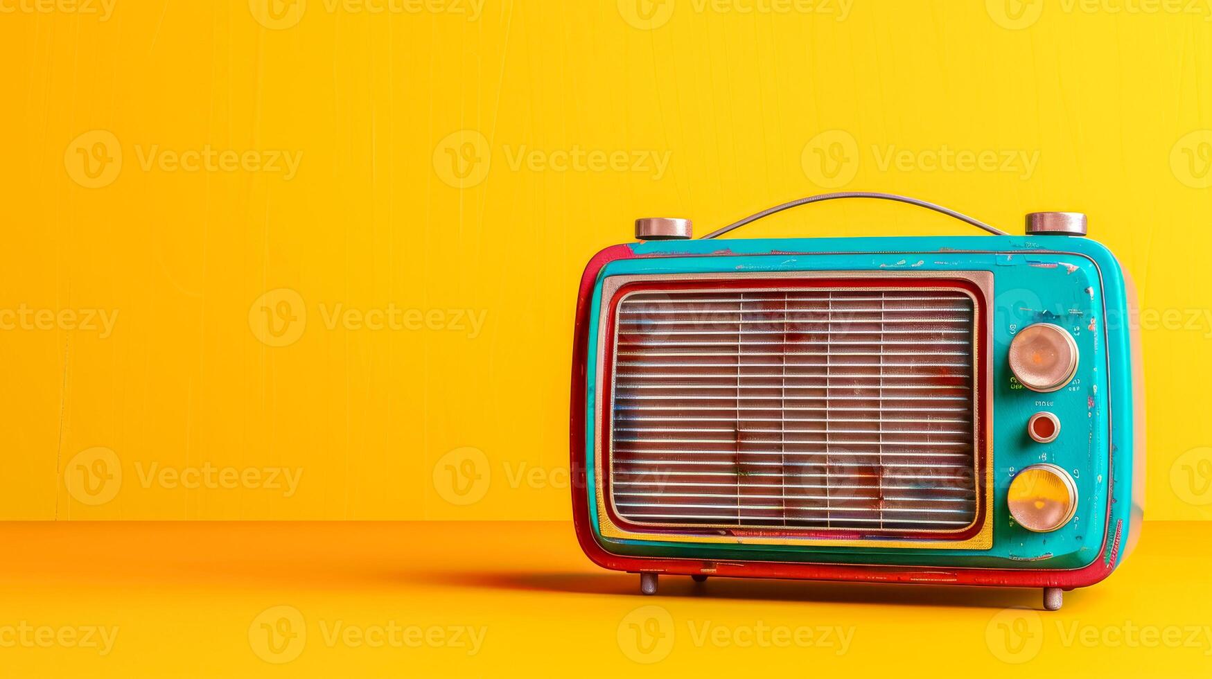 AI Generated Vintage radio on vibrant yellow background, copy space photo