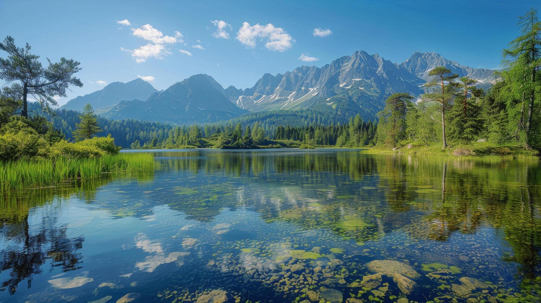 AI generated Lake Surrounded by Trees With Mountains in Background photo