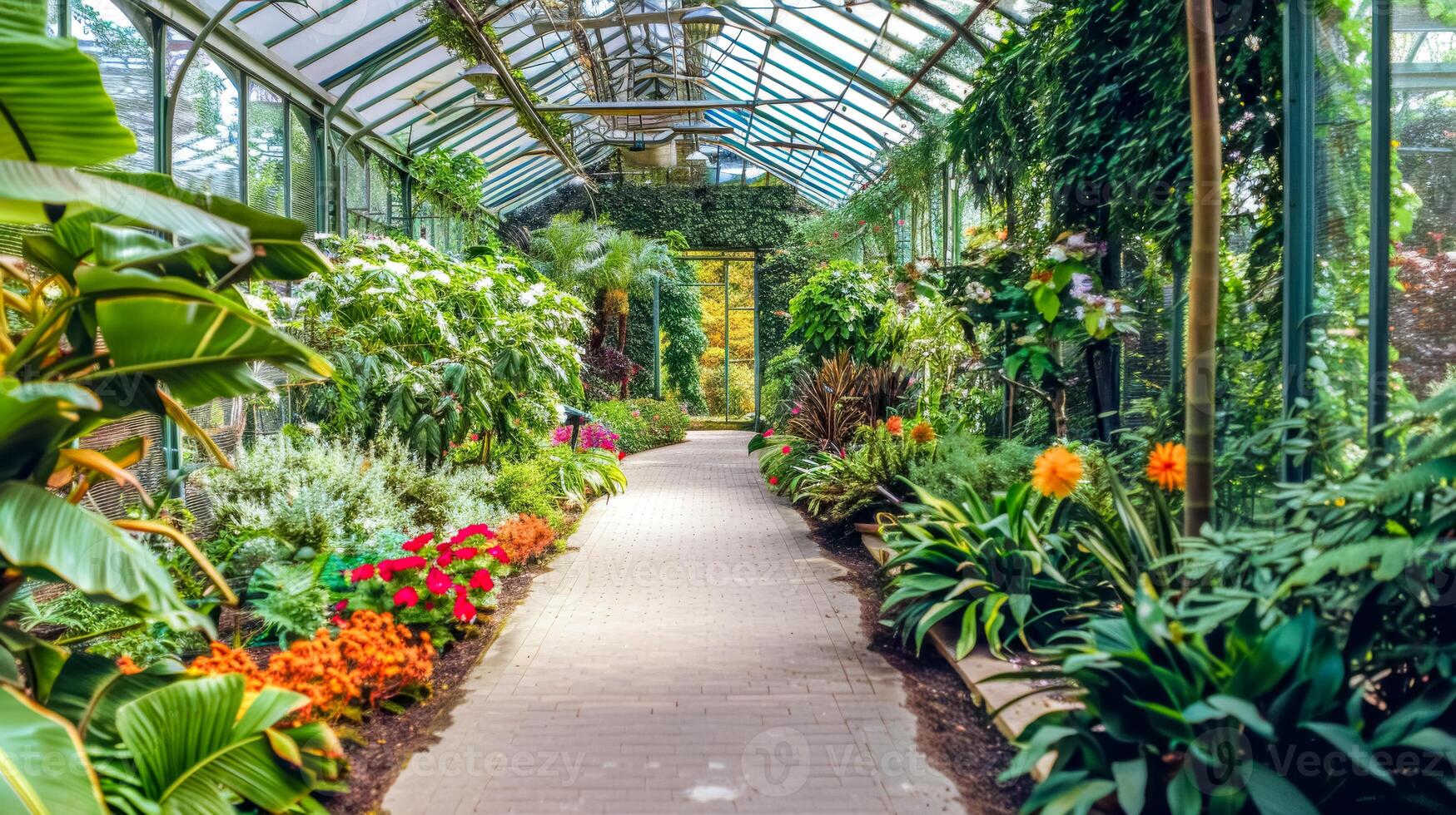 AI Generated Vibrant and tranquil pathway winds through a lush greenhouse garden filled with colorful flora photo