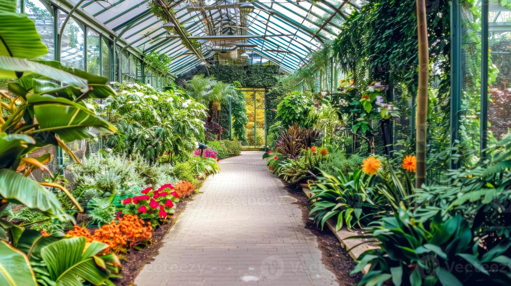 ai generado vibrante y tranquilo ruta vientos mediante un lozano invernadero jardín lleno con vistoso flora foto