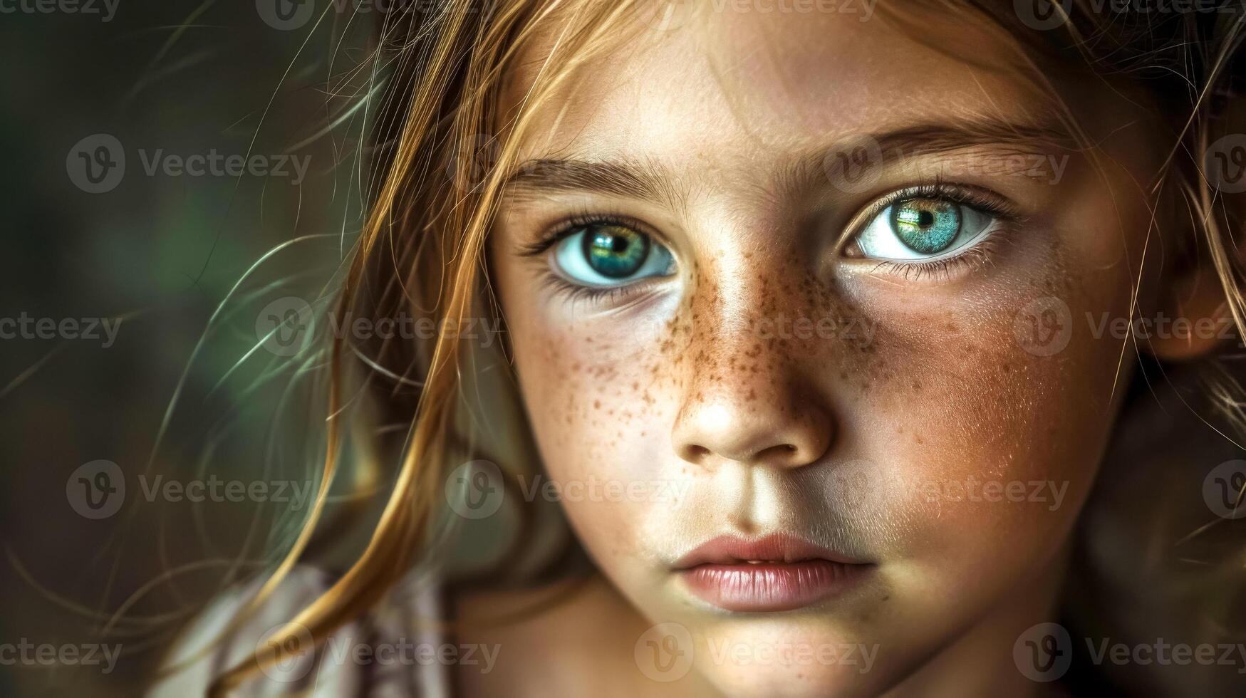 ai generado retrato de un joven niña con sorprendentes verde ojos foto