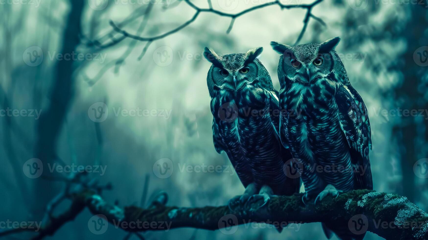 AI Generated Mystical twin owls perched in moonlight photo