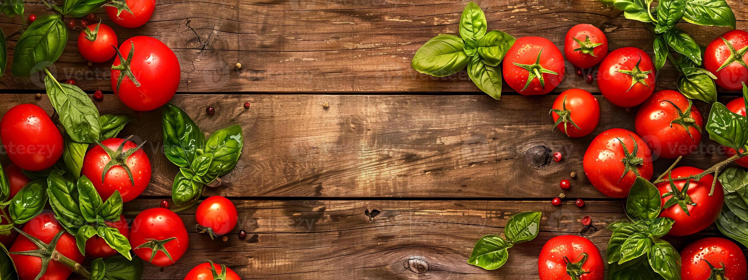AI Generated Fresh tomatoes and basil on wooden background photo