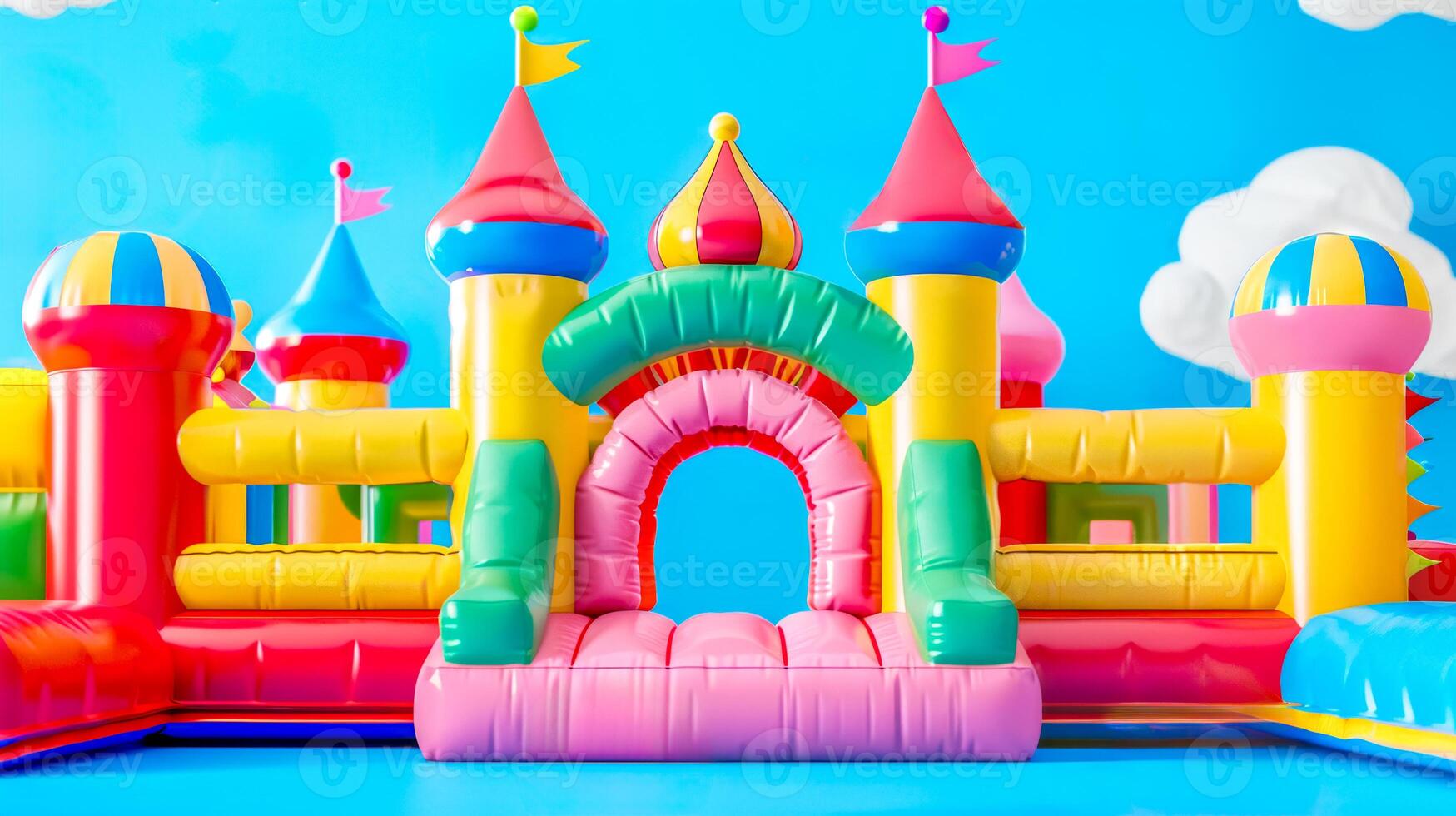 AI Generated Colorful inflatable castle against blue sky photo