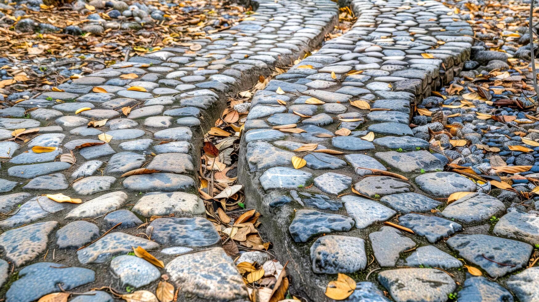 AI Generated Cobblestone paths with autumn leaves photo