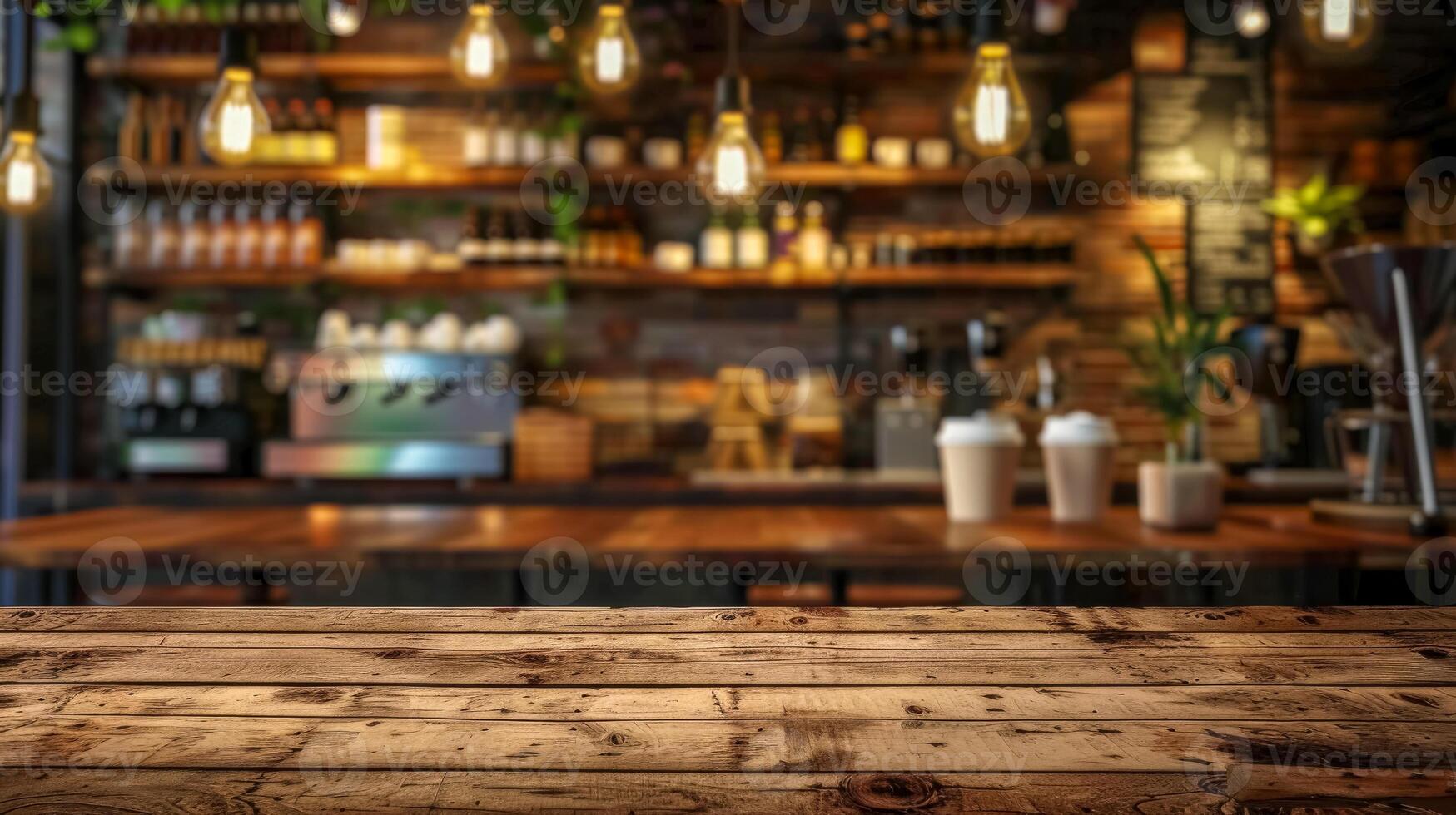 AI Generated Empty wooden table with blurred cafe background photo