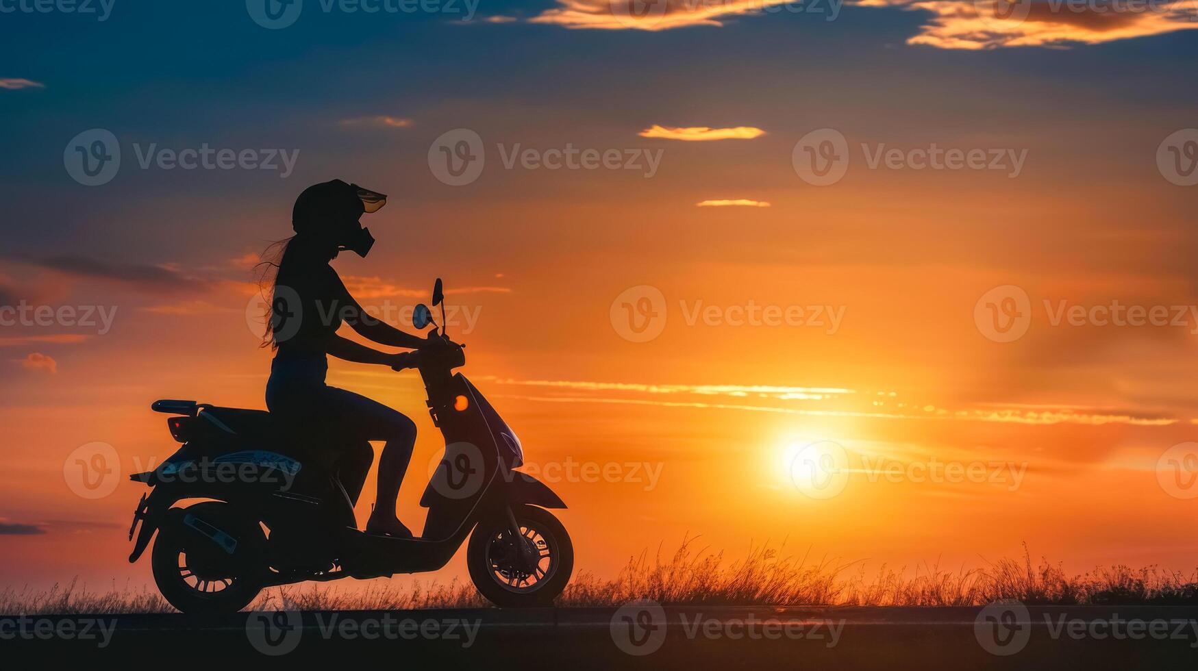 AI Generated Silhouette of woman riding scooter at sunset photo