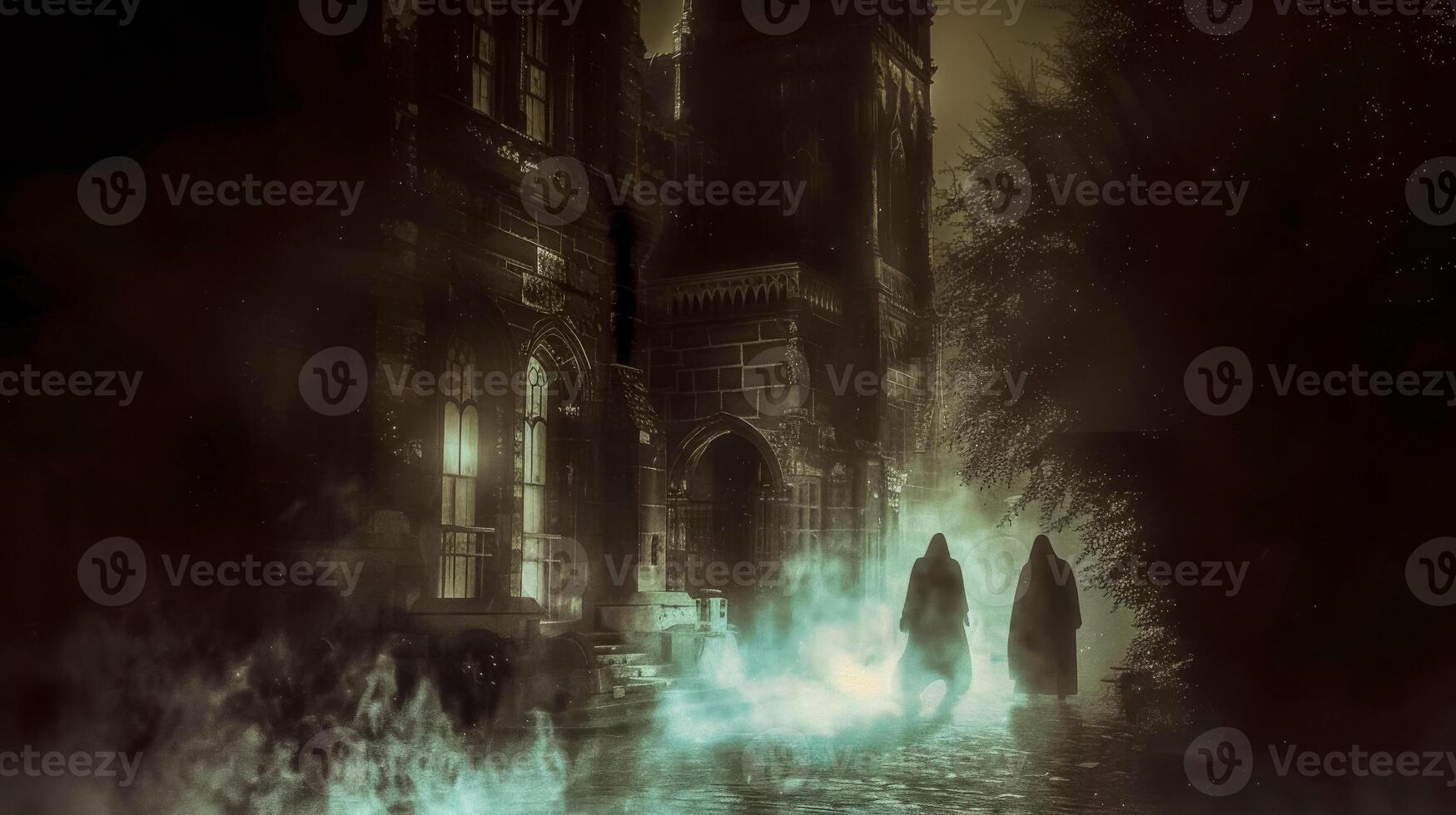 AI Generated Mysterious figures by gothic architecture in fog photo