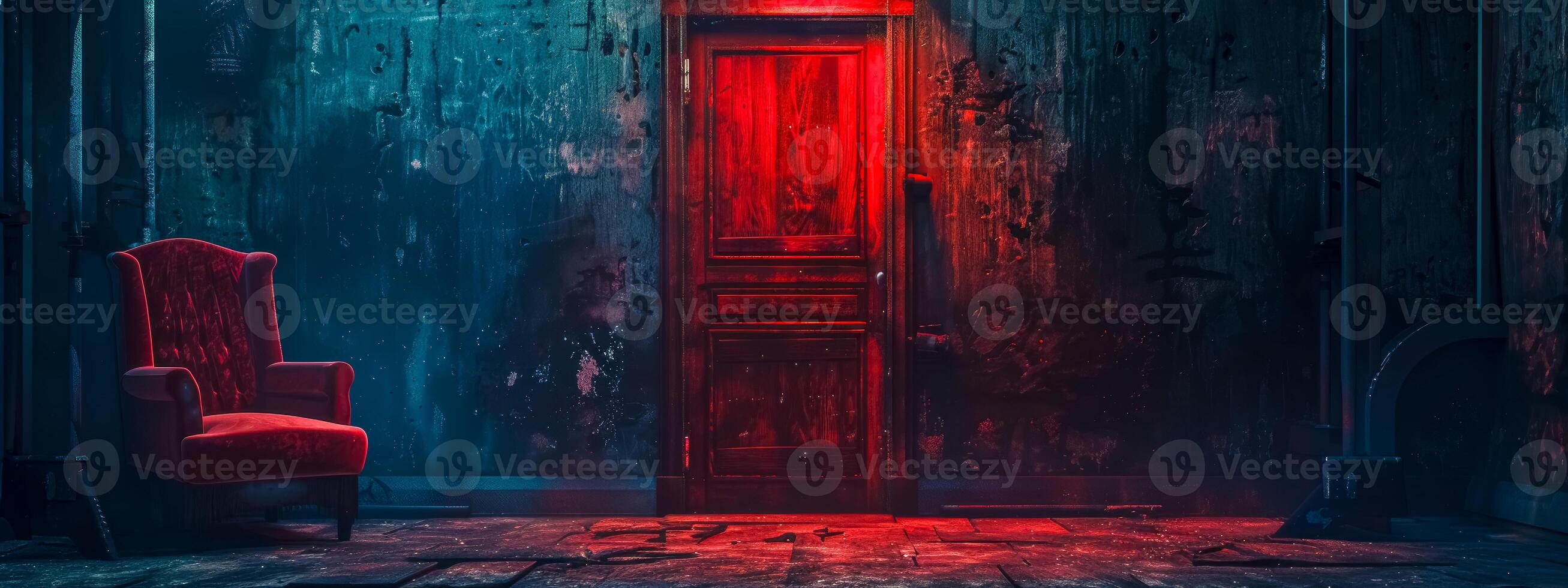 AI Generated Mysterious red door with vintage armchair in moody room photo