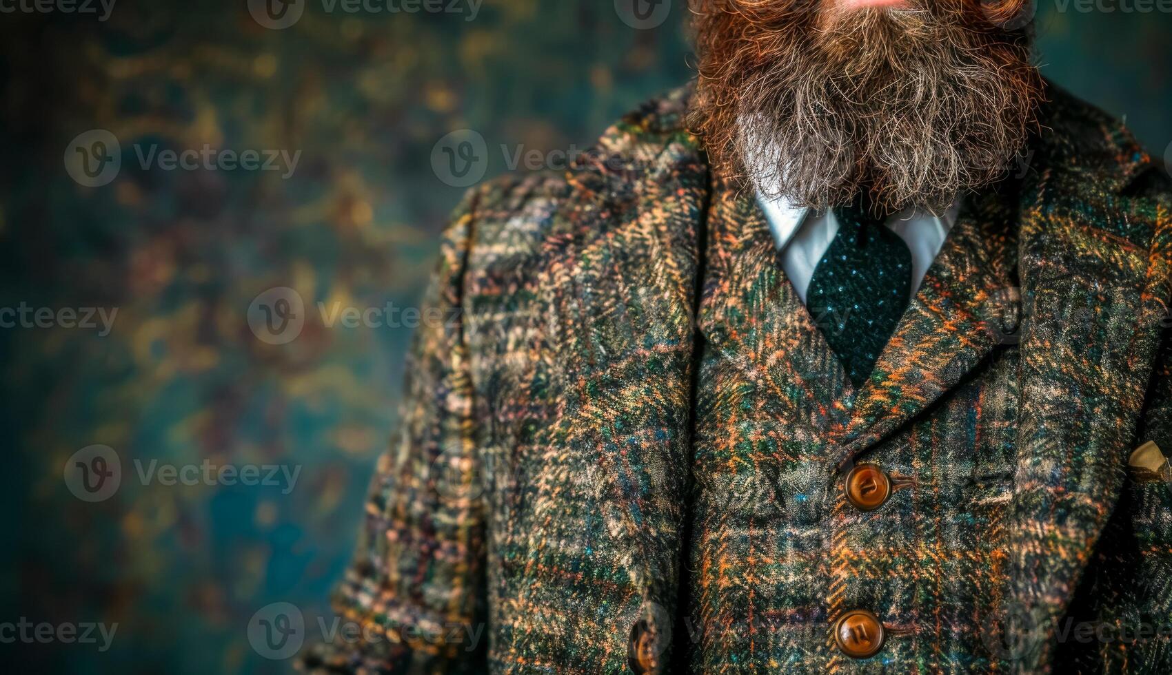 ai generado de cerca de un hombre en elegante tweed traje con estampado antecedentes foto