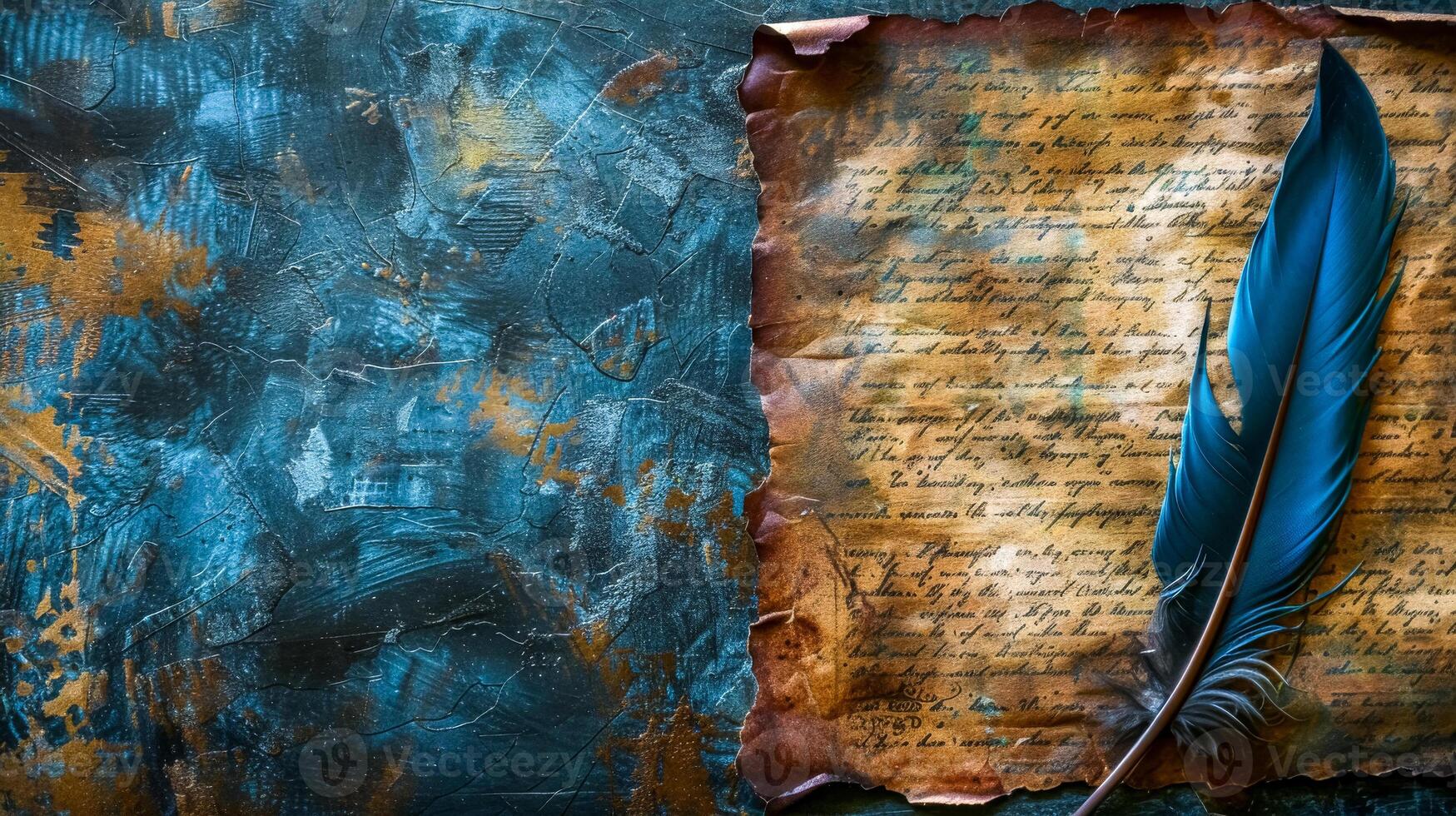 AI Generated Vintage quill on aged manuscript with textured background photo