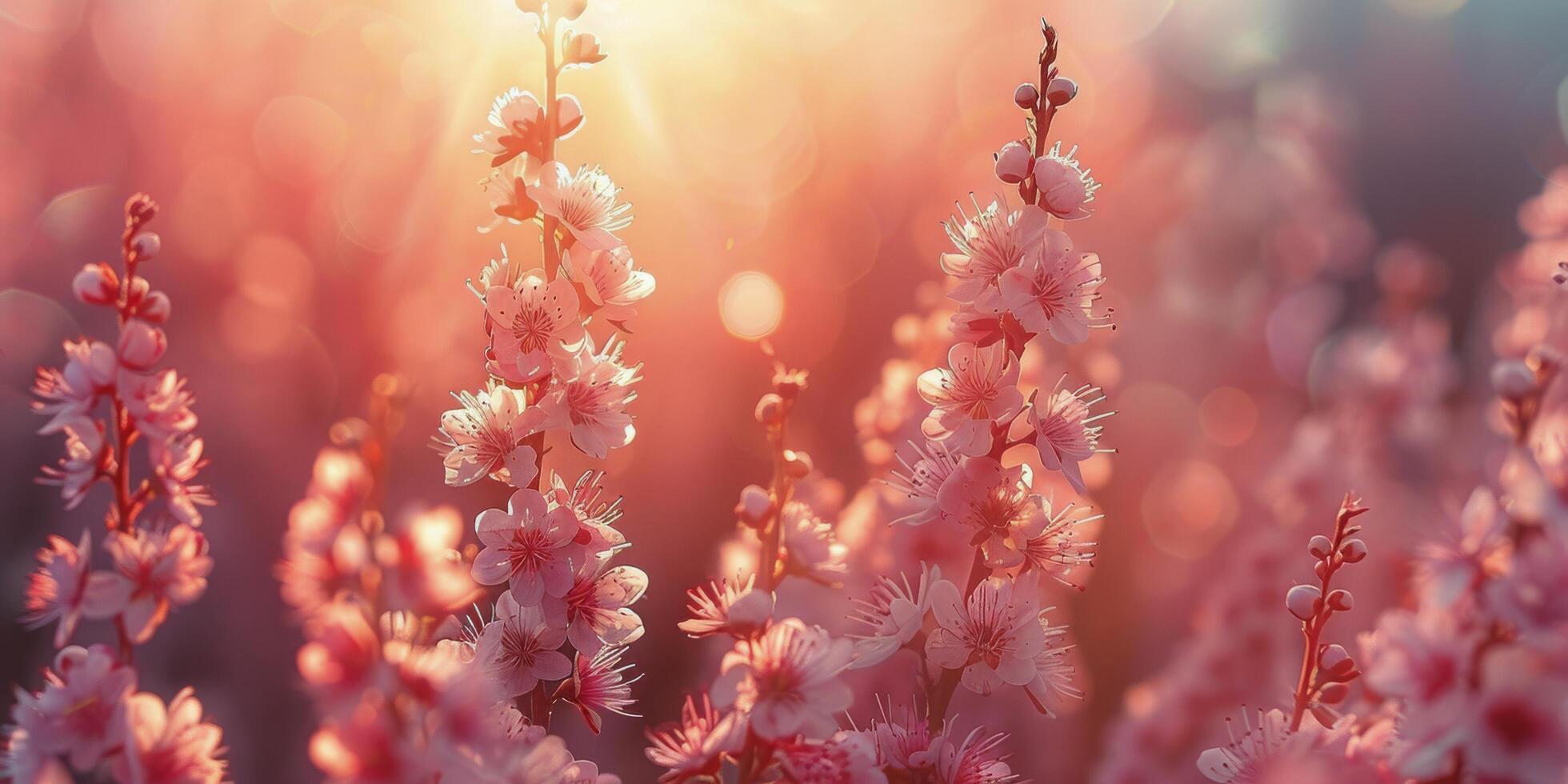 AI generated Field of Pink Flowers With Sun Setting photo