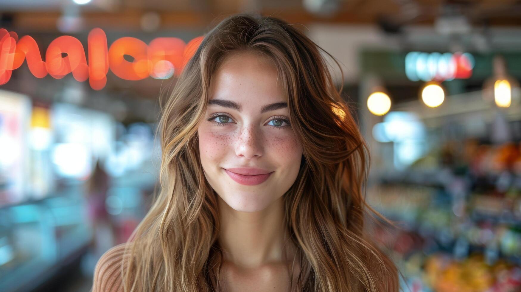 AI generated Woman Wearing Straw Hat in Grocery Store photo