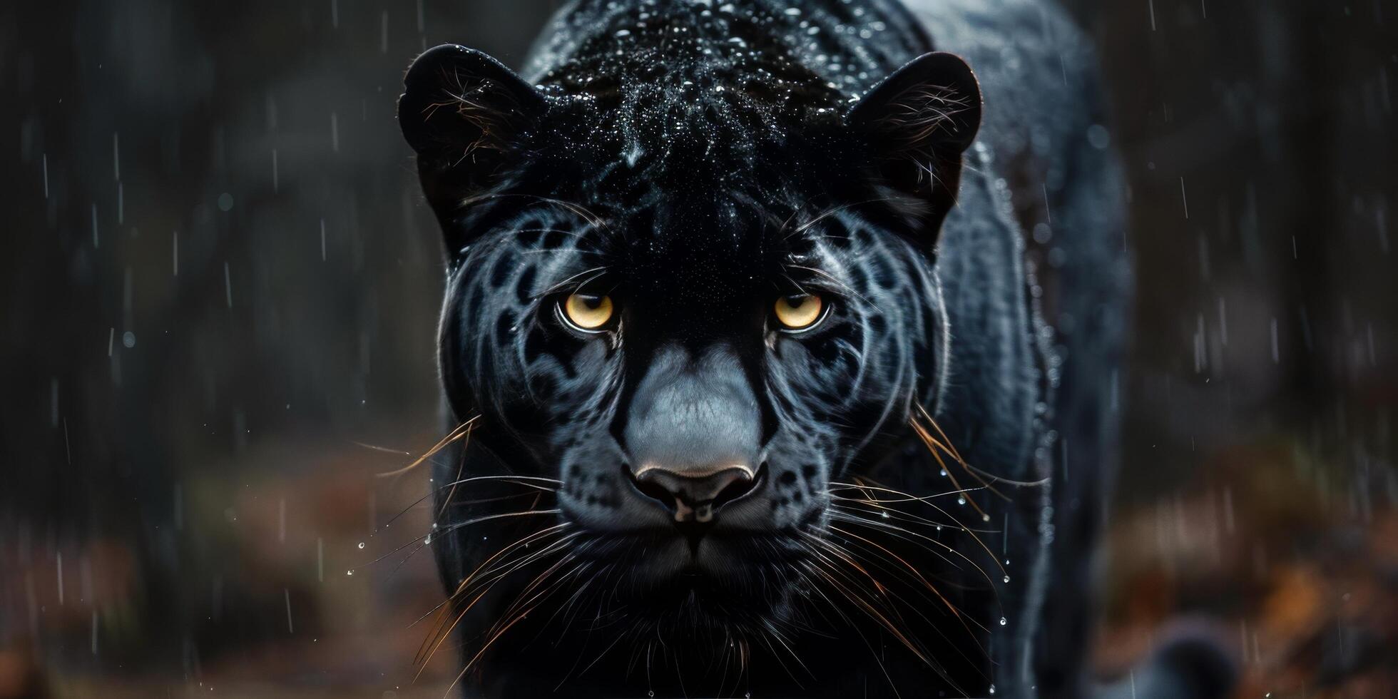 ai generado negro leopardo con amarillo ojos caminando en el lluvia foto