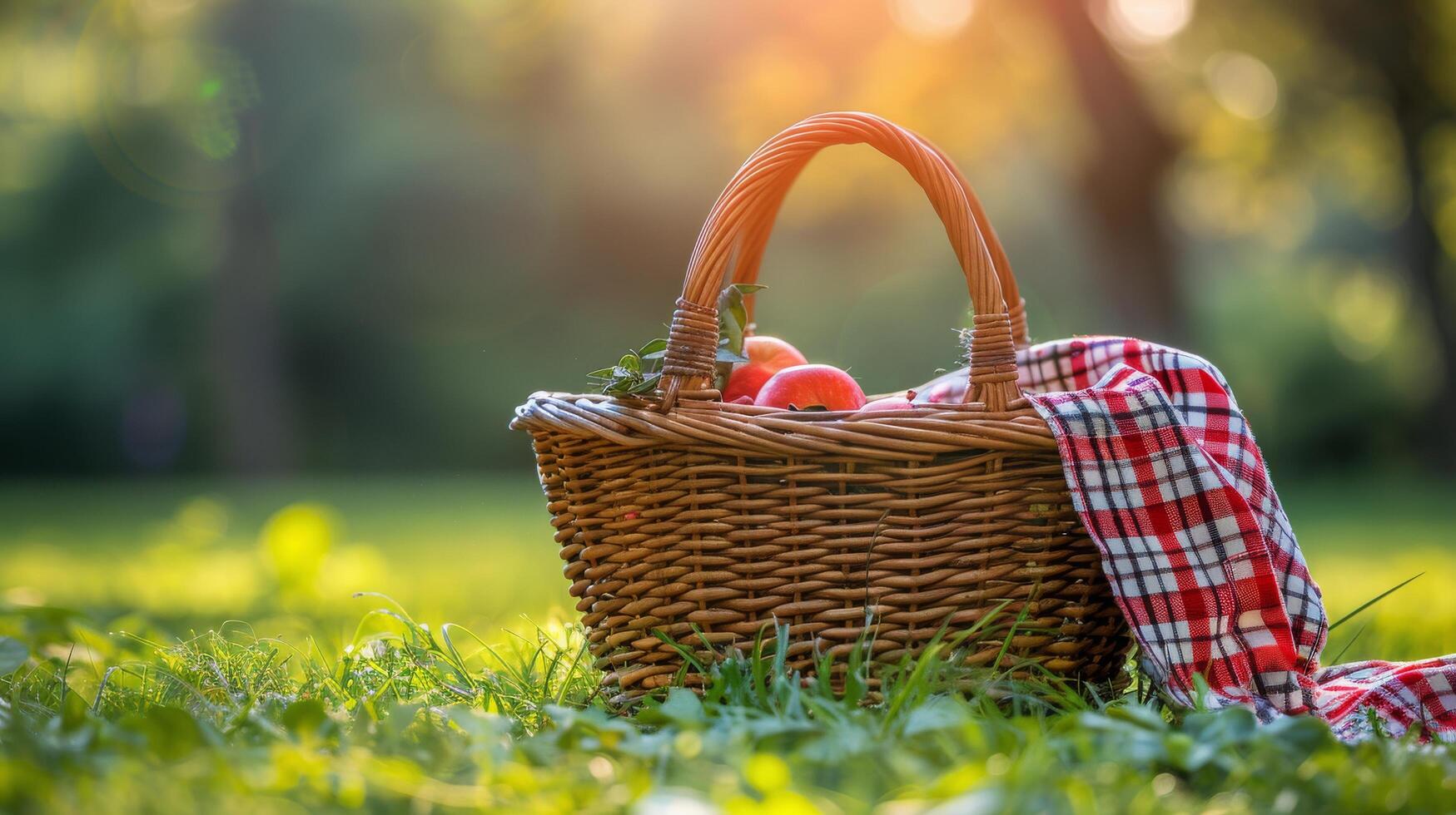 AI generated Picnic Basket With Checkered Cloth in Grass photo