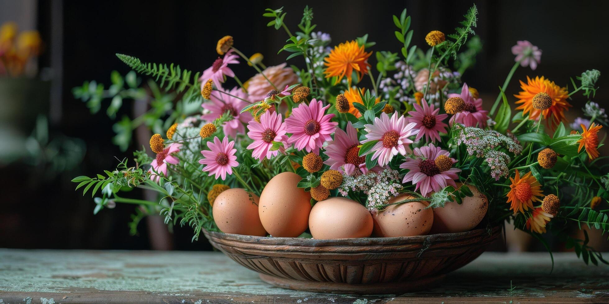 AI generated Group of Eggs on Wooden Table photo