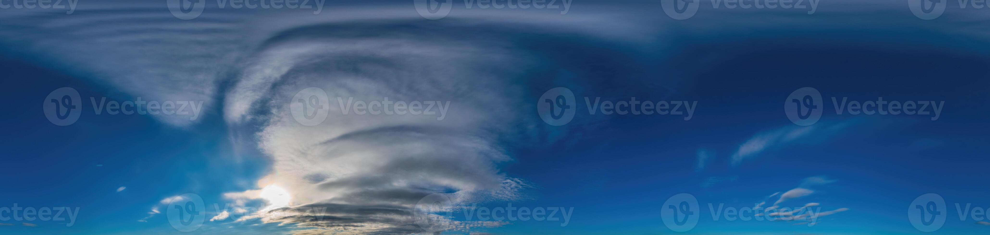 Blue sky with Cirrus clouds Seamless panorama in spherical equirectangular format. Complete zenith for use in 3D graphics, game and for composites in aerial drone 360 degree panoramas as a sky dome photo