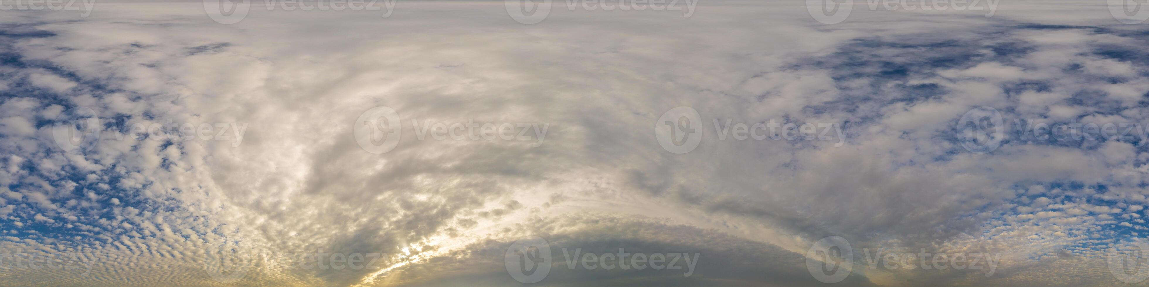 Overcast sky panorama on rainy day with Stratocumulus clouds in seamless spherical equirectangular format. Full zenith for use in 3D graphics, game and for aerial drone 360 degree panorama as sky dome photo