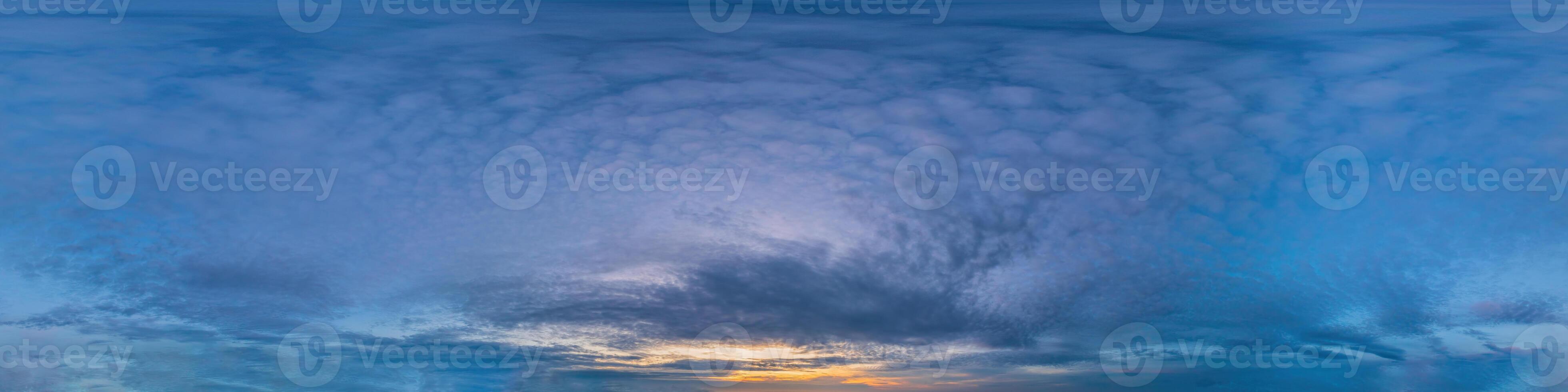 360 panorama of dark blue sunset sky with Cirrocumulus clouds Seamless hdr spherical equirectangular format with complete zenith for use in 3D, game and for composites in aerial drone pano as sky dome photo