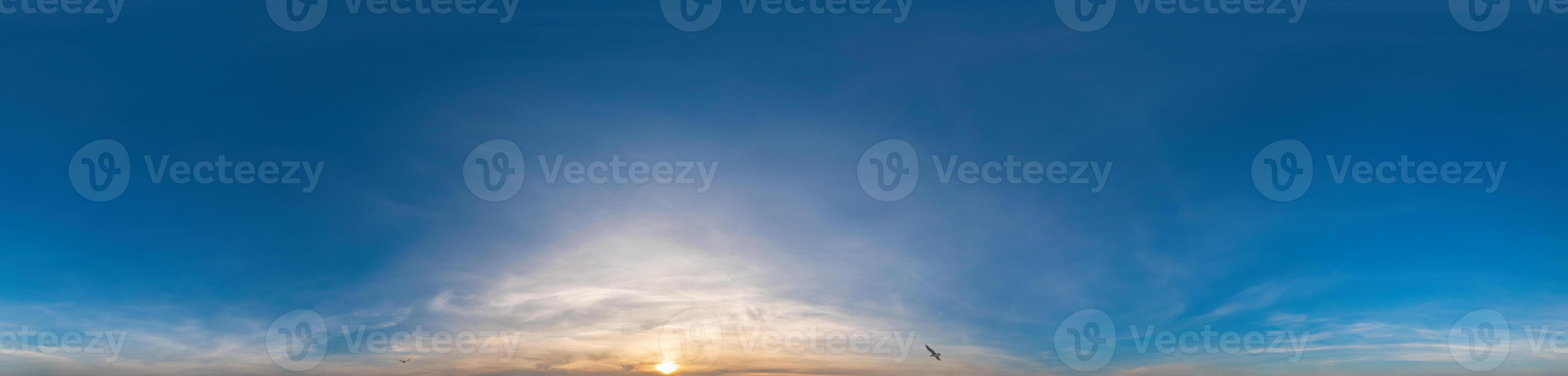 Blue sky with Cirrus clouds Seamless panorama in spherical equirectangular format. Complete zenith for use in 3D graphics, game and for composites in aerial drone 360 degree panoramas as a sky dome photo