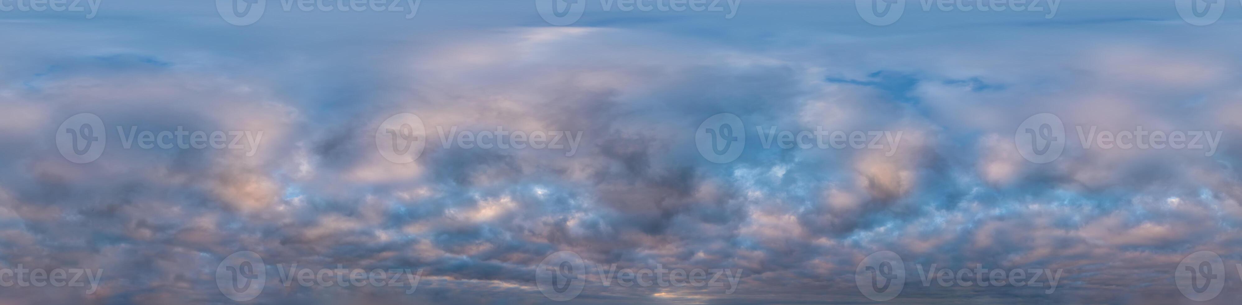 Dark blue sunset sky with Stratocumulus clouds Seamless hdr panorama in spherical equirectangular format with complete zenith for use in 3D, game and aerial drone 360 degree panoramas as sky dome photo