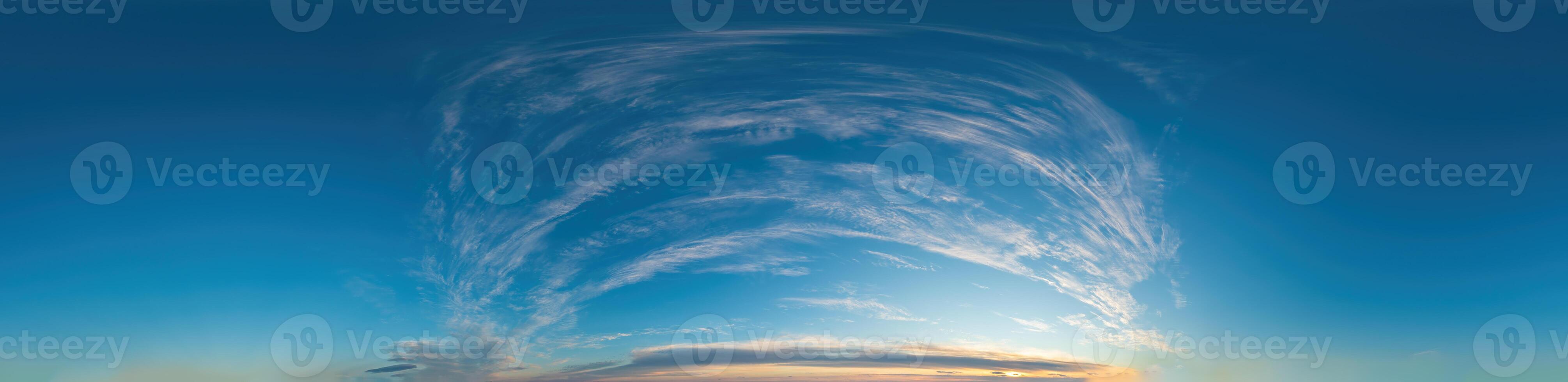 Blue sky panorama with Cirrus clouds in Seamless spherical equirectangular format. Full zenith for use in 3D graphics, game and editing aerial drone 360 degree panoramas for sky replacement. photo