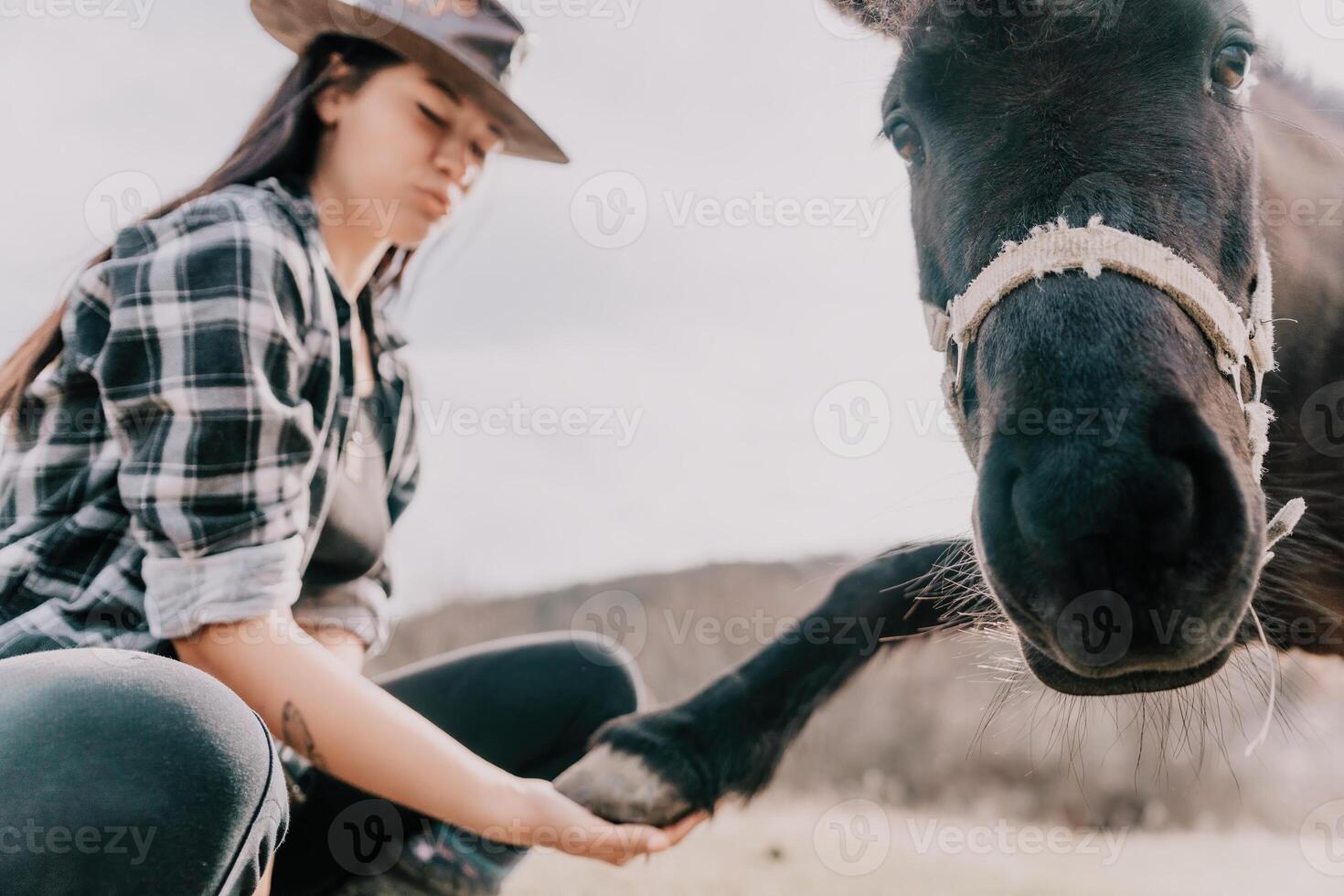 Young happy woman with her pony horse in evening sunset light. Outdoor photography with fashion model girl. Lifestyle mood. oncept of outdoor riding, sports and recreation. photo