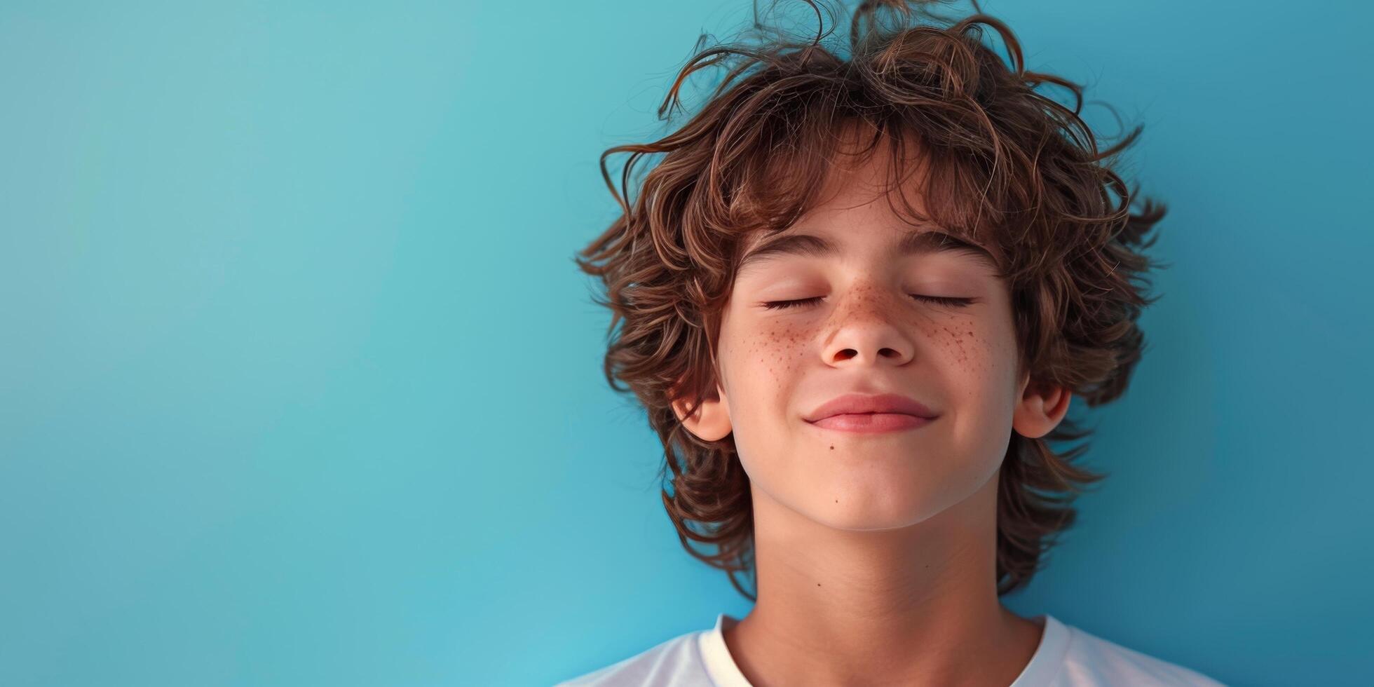 AI generated Young Boy Sleeping Against Blue Wall photo