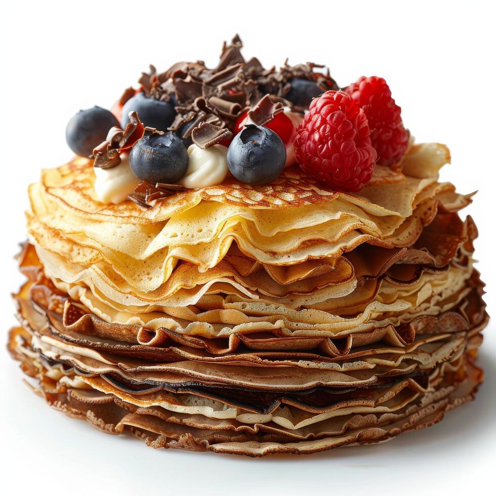 AI generated Stack of Pancakes Topped With Fruit and Chocolate photo