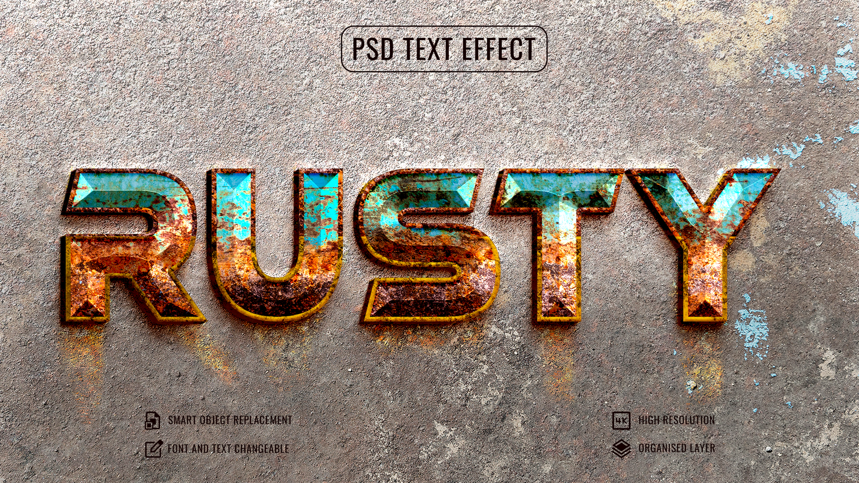 3d wall sign rusty metal text effect mockup psd