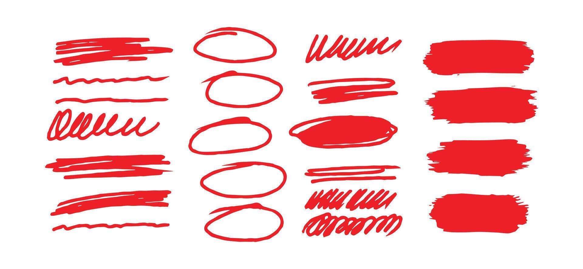 Sketch red brush strokes, underline, emphasis, lines, waves set. vector