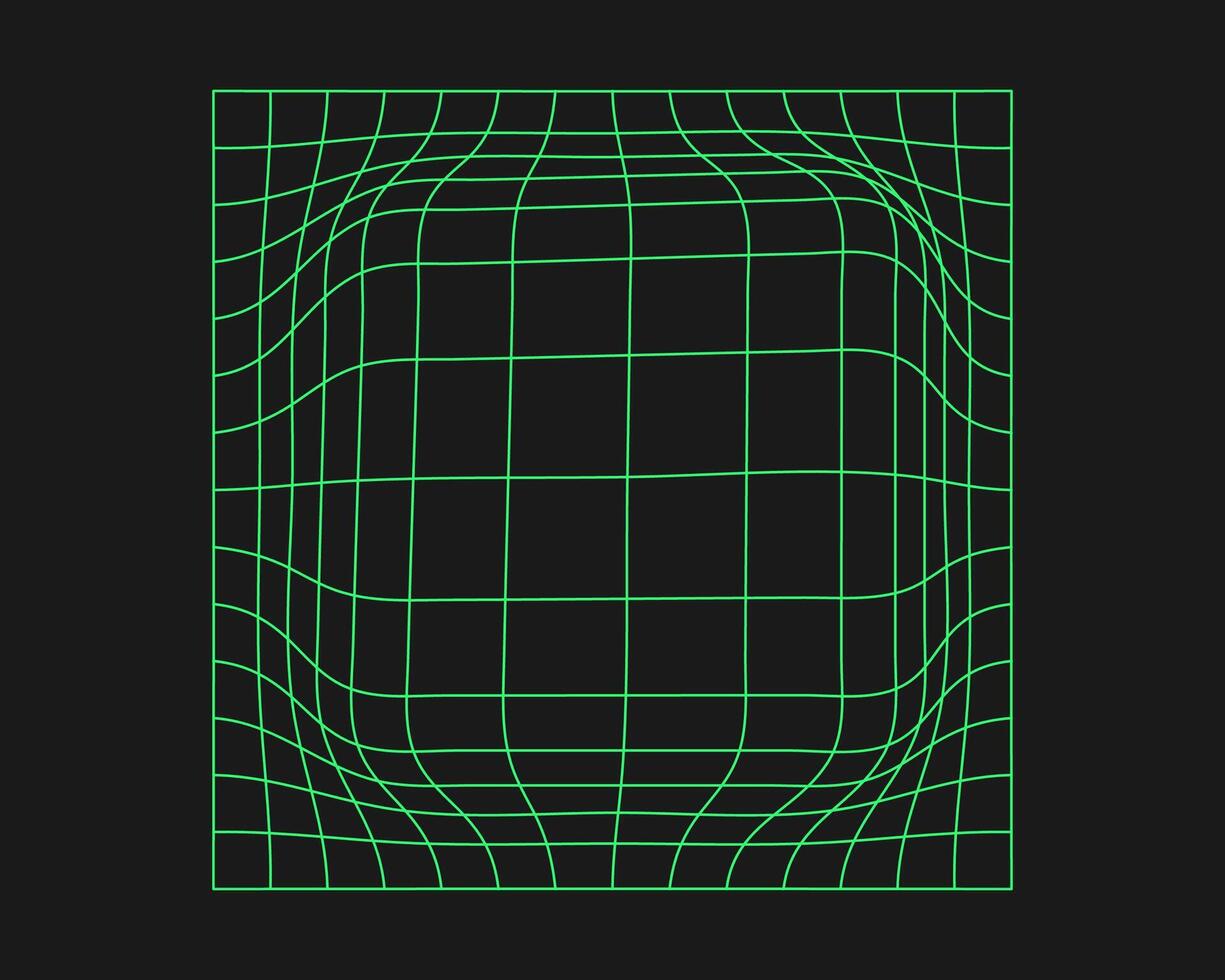 Distorted cyber grid. Cyberpunk geometry element y2k style. Isolated green mesh on black background. Vector fashion illustration.