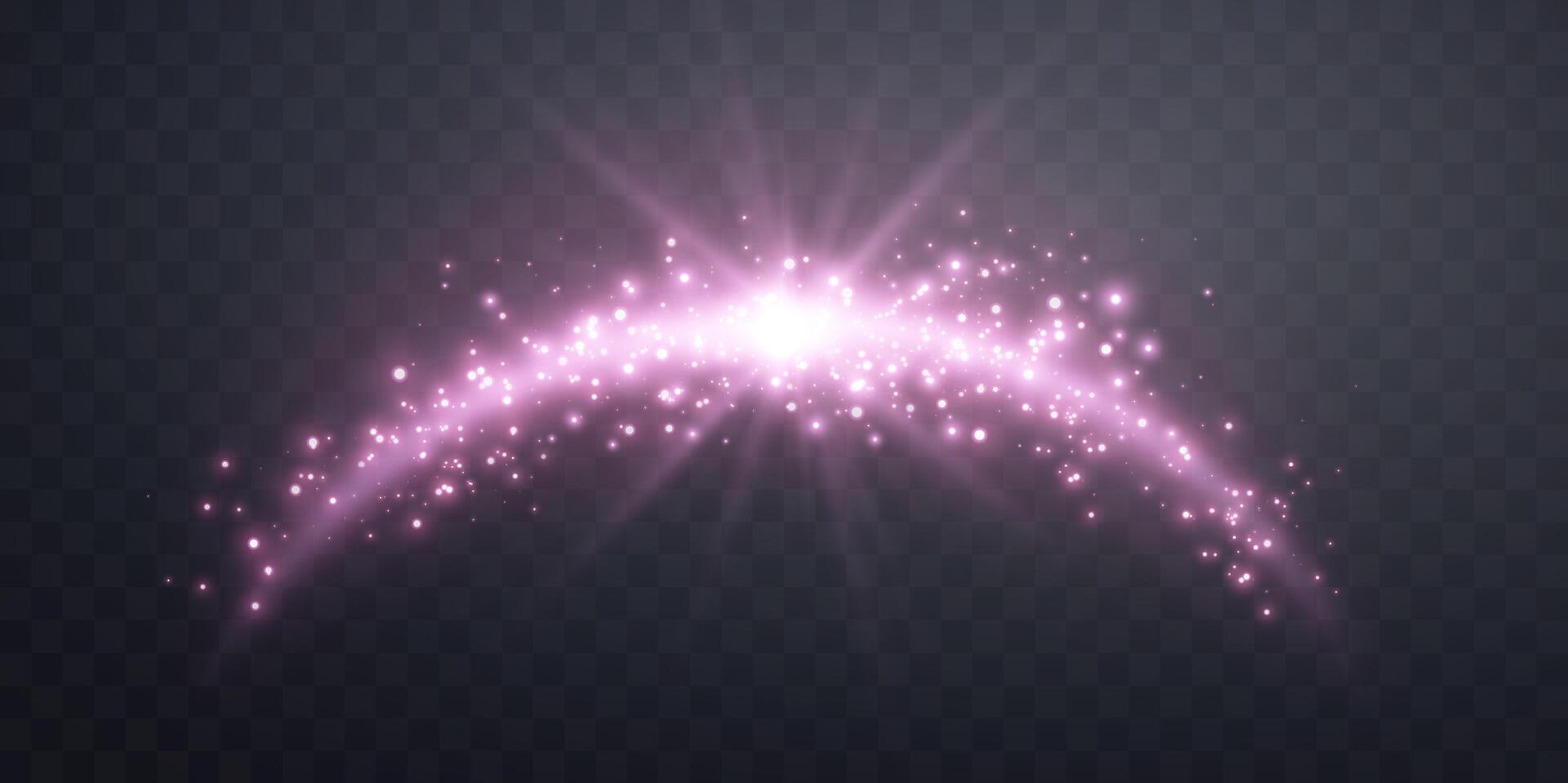 Pink magic arch with glowing particles, sunlight lens flare. Neon realistic energy flare arch. Abstract light effect on a black background. Vector illustration.
