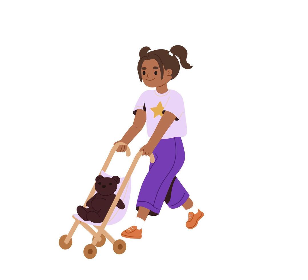 Cute little girl walking with a toy stroller and teddy bear. Child playing. Happy kid. Flat vector illustration. Cartoon.