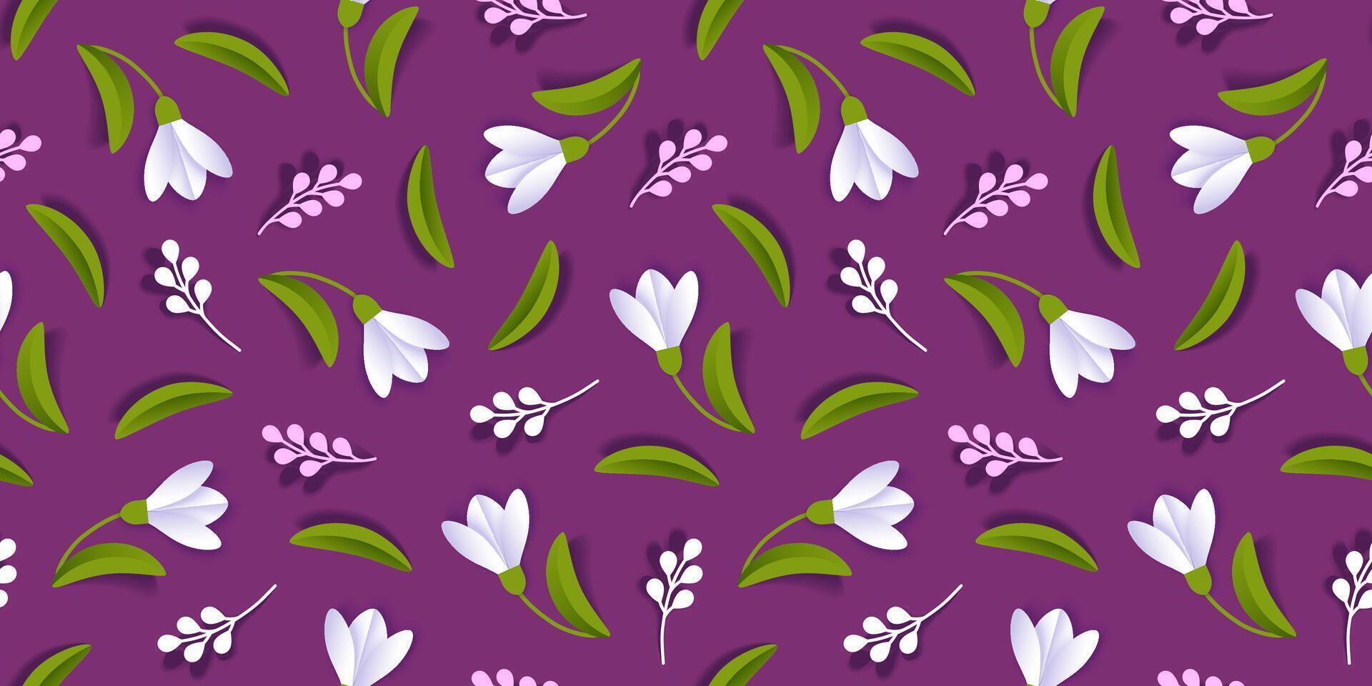 Spring flowers seamless Pattern with Snowdrop and leaves on a purple backdrop. Floral background for surface. vector