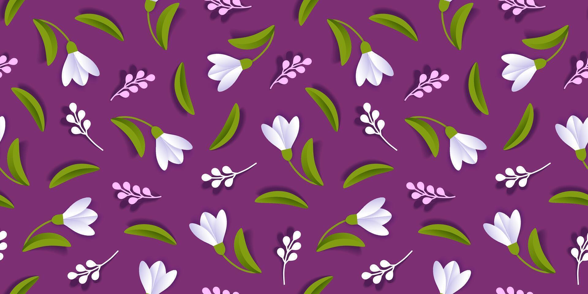 Spring flowers seamless Pattern with Snowdrop and leaves on a purple backdrop. Floral background for surface. vector