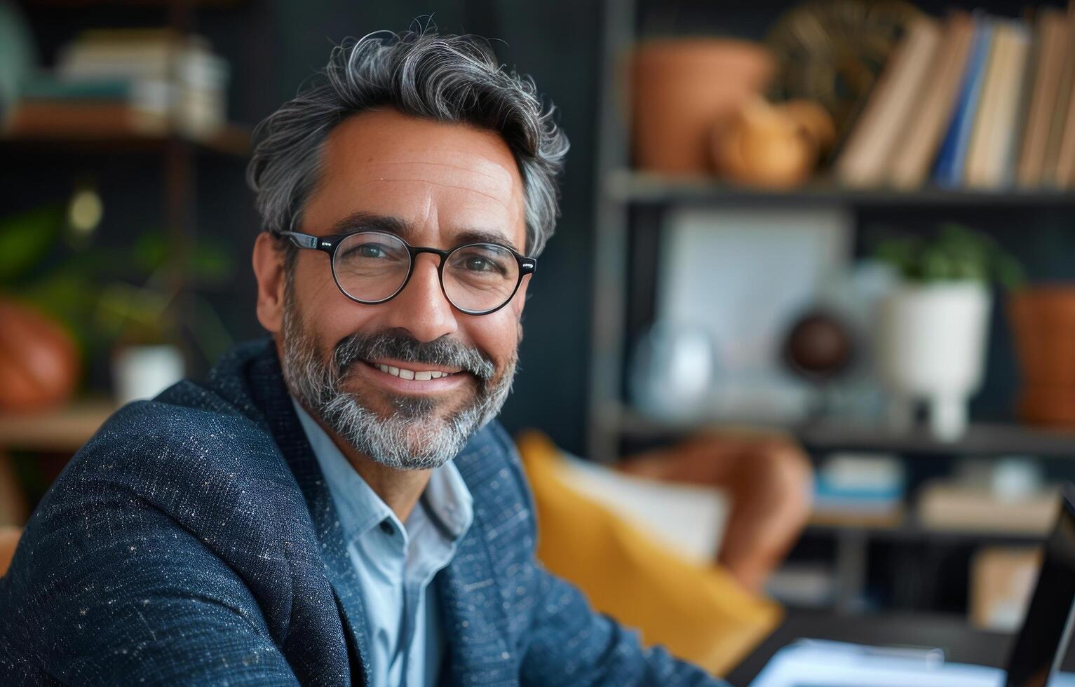 AI generated Man Sitting at Table With Laptop photo