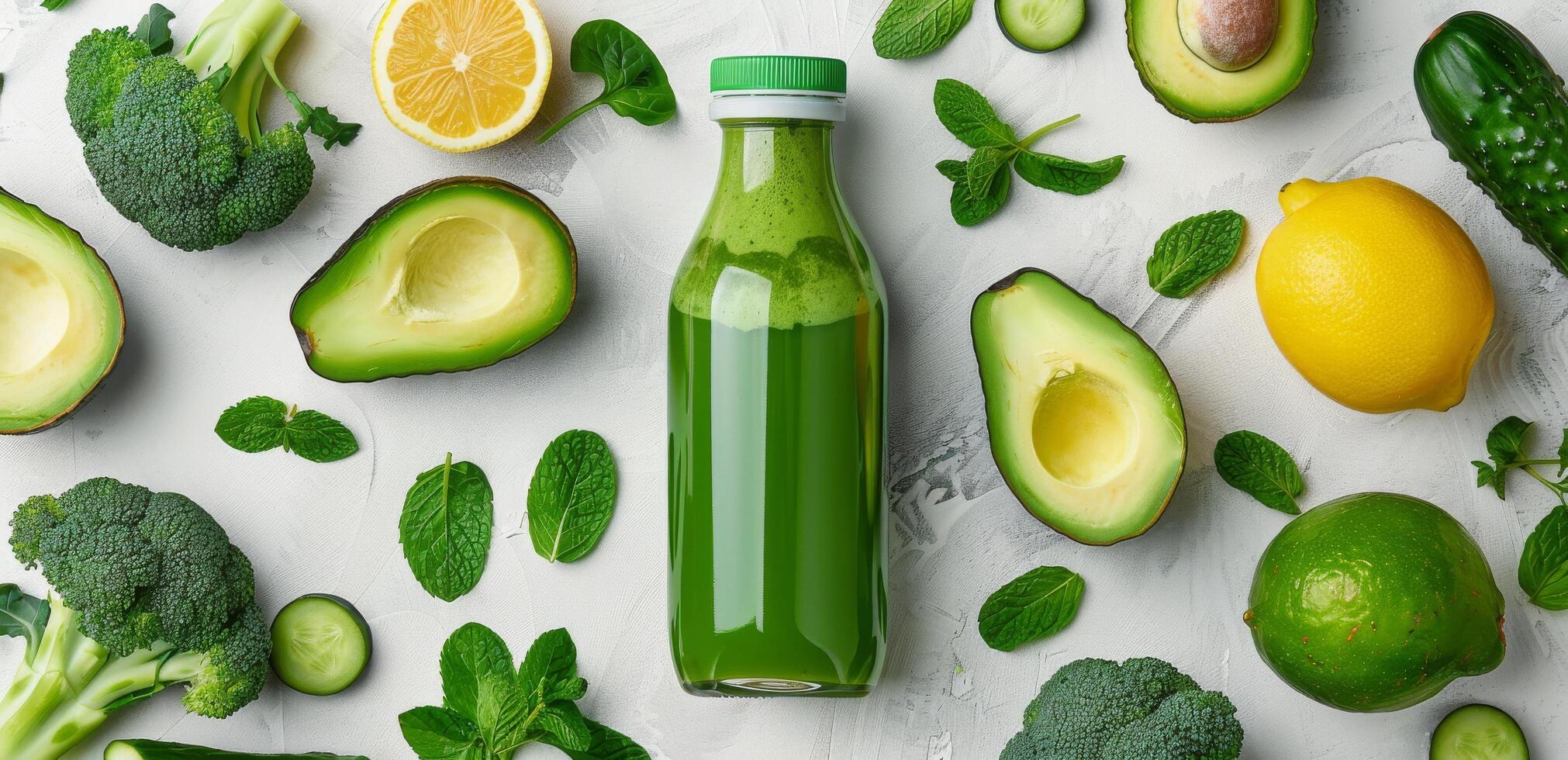 ai generado botella de verde jugo rodeado por frutas y vegetales foto